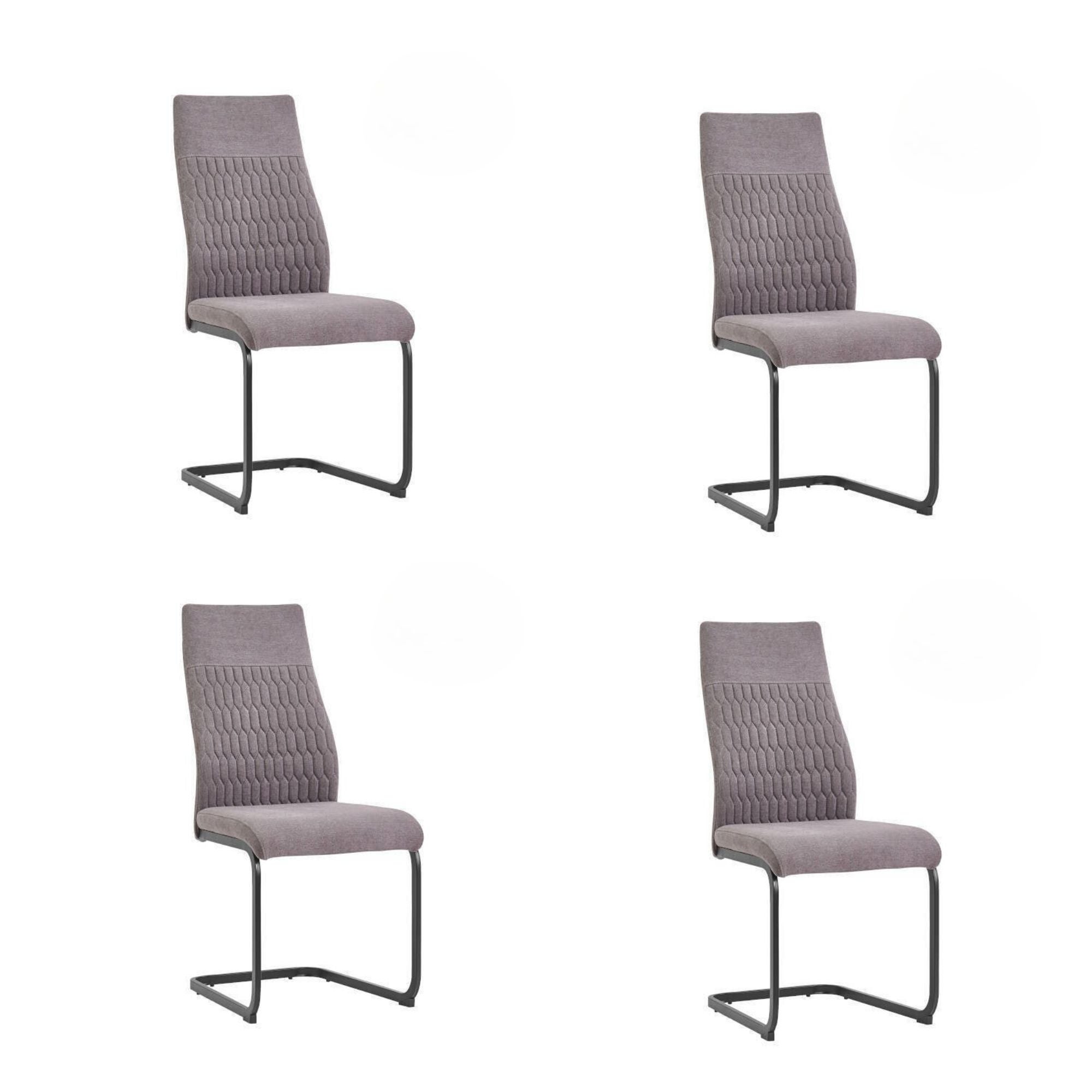 Pakiet 4 drewnianych krzeseł z piankowym wypełnieniem, tapicerowanych szarą tkaniną, czarne metalowe nogi, wymiary 44x60x99 cm