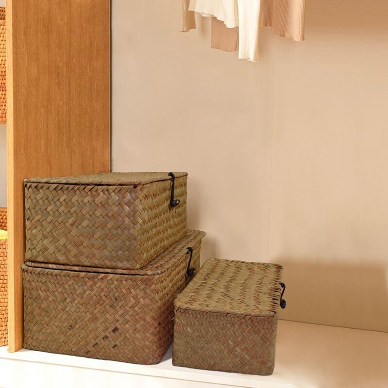 Panier de rangement en jonc de mer avec couvercle, petit panier en osier, boîte de rangement en rotin naturel, panier à linge, osier - 2