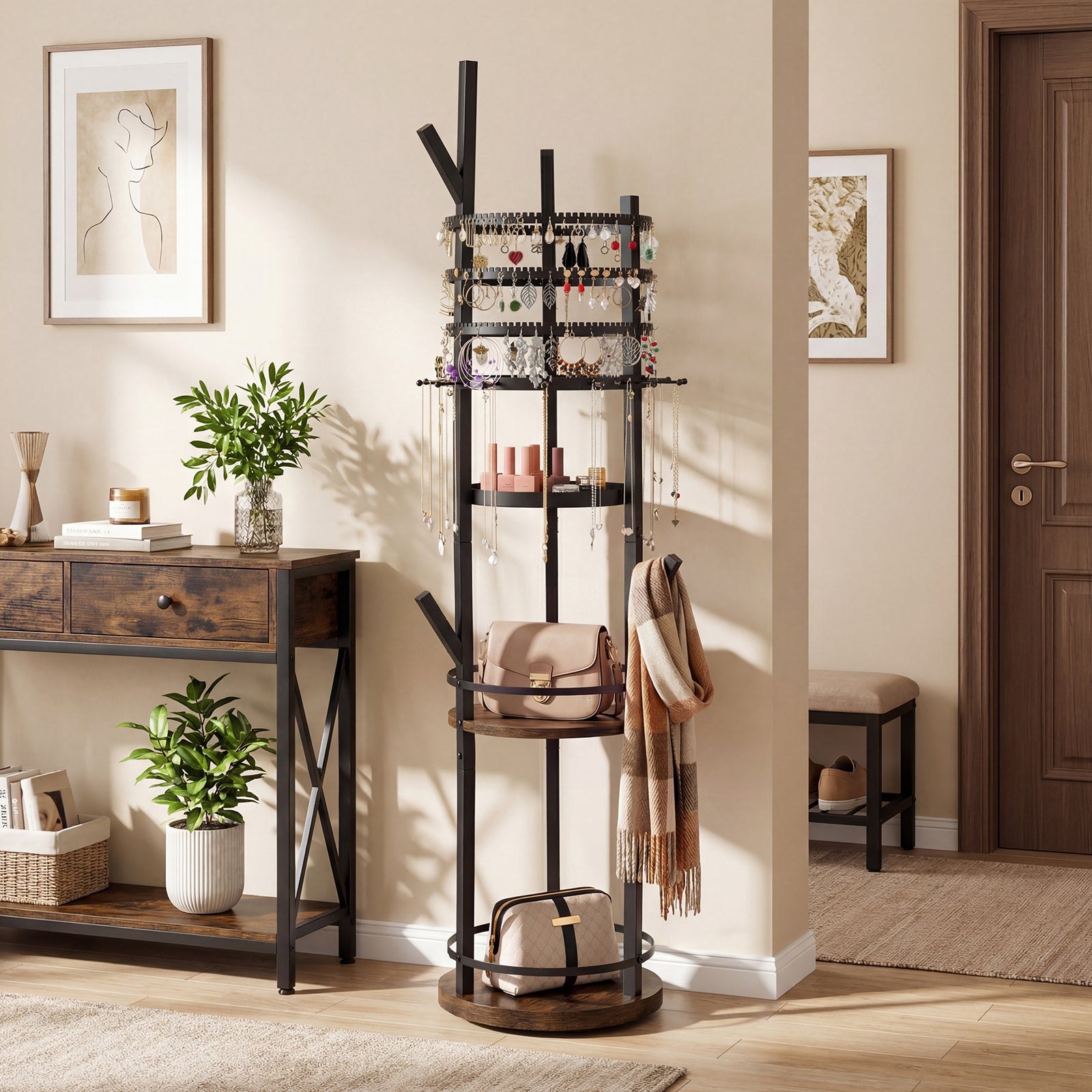 Support Organiseur pour Bijoux, Arbre à Bijoux Pivotant à 360° avec Crochets pour Boucles d'Oreilles et Colliers, 3 Étagères de Rangement, Marron - 9