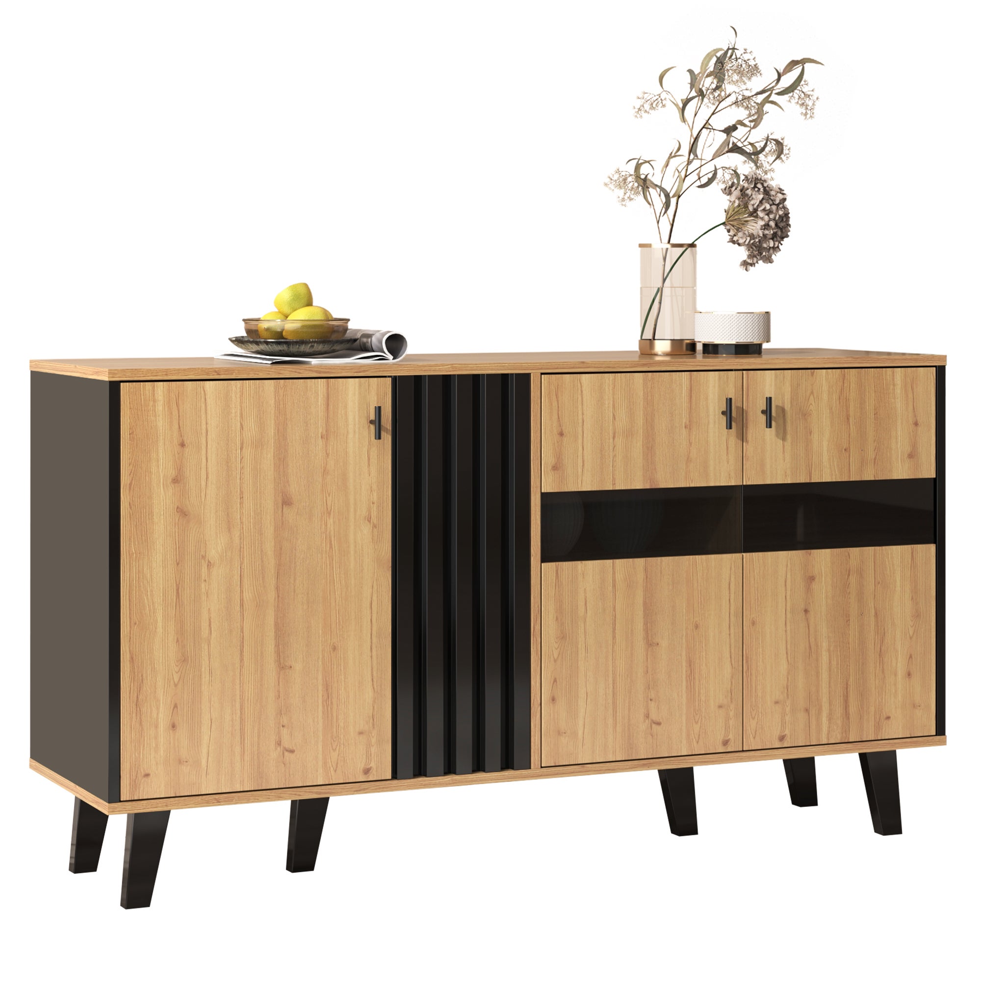 Komoda niska z 3 drzwiami - 140 x 78,5 x 41 cm - Szkło i płyta wiórowa - Diody LED - Naturalny - 2