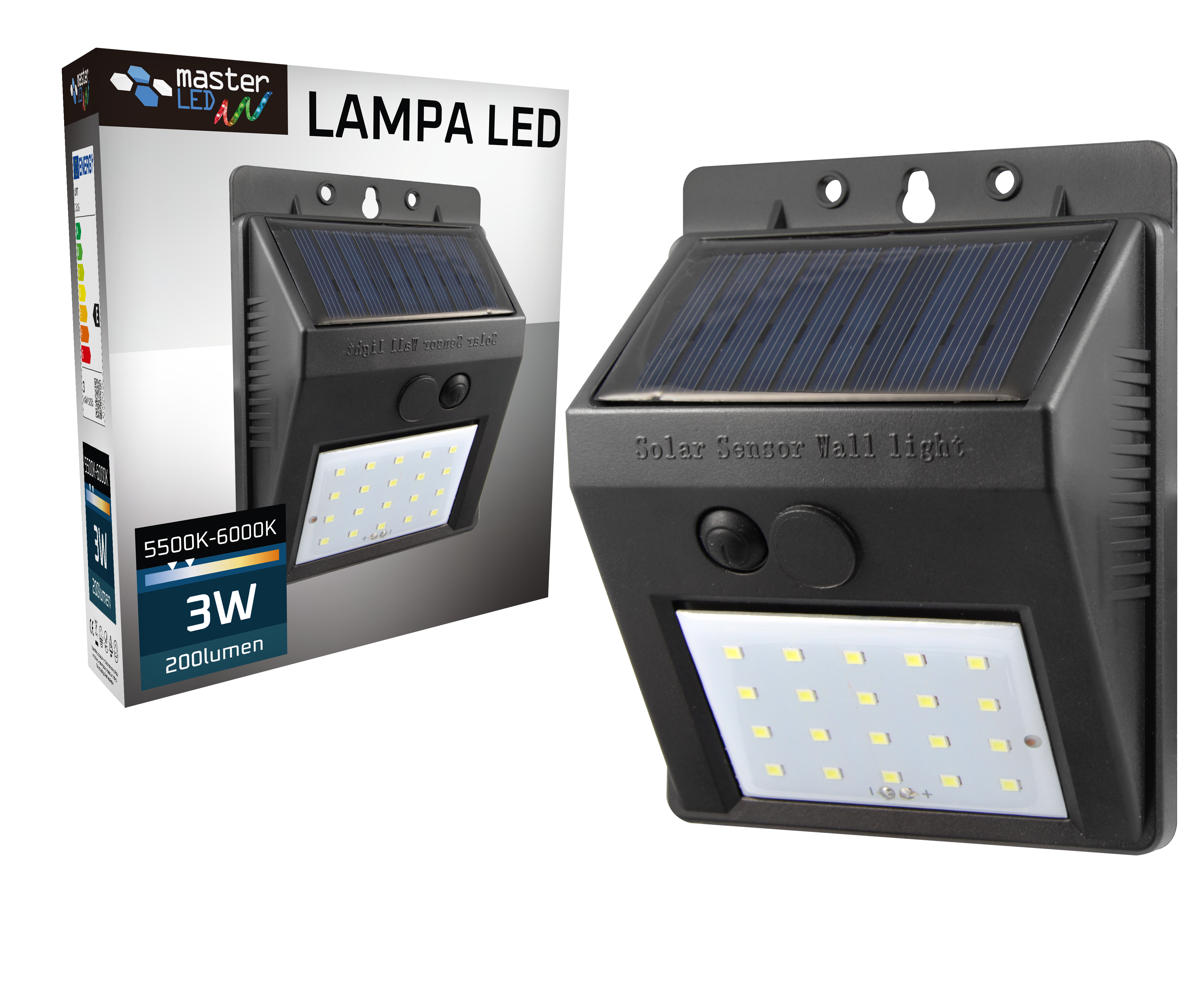 Lampa LED solarna ścienna 3W 20xSMD 6000K IP65 czujnik zmierzchu czarna kinkiet MasterLED