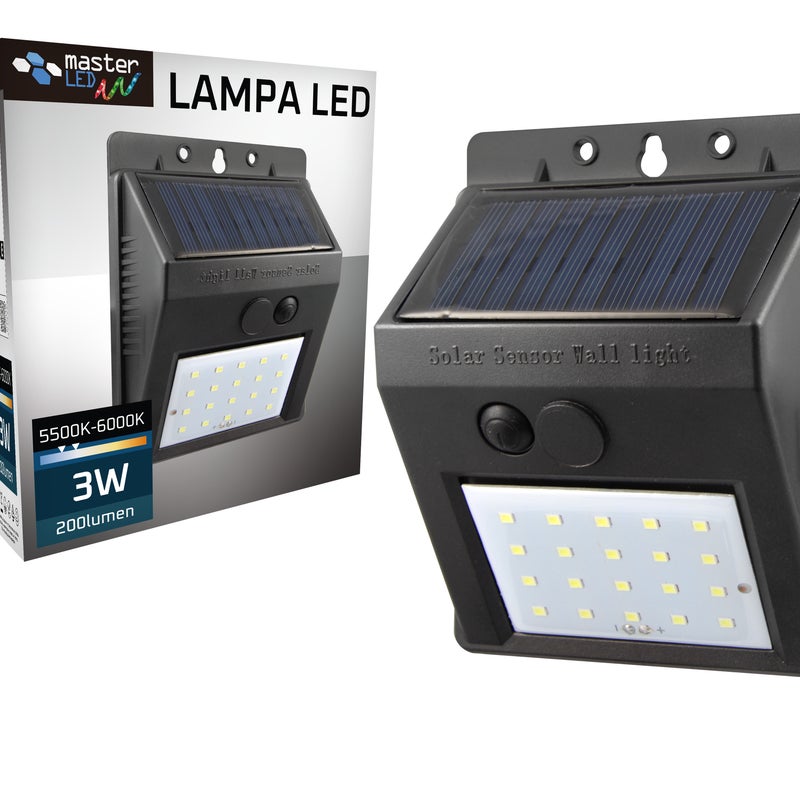Lampa LED solarna ścienna 3W 20xSMD 6000K IP65 czujnik zmierzchu czarna kinkiet MasterLED