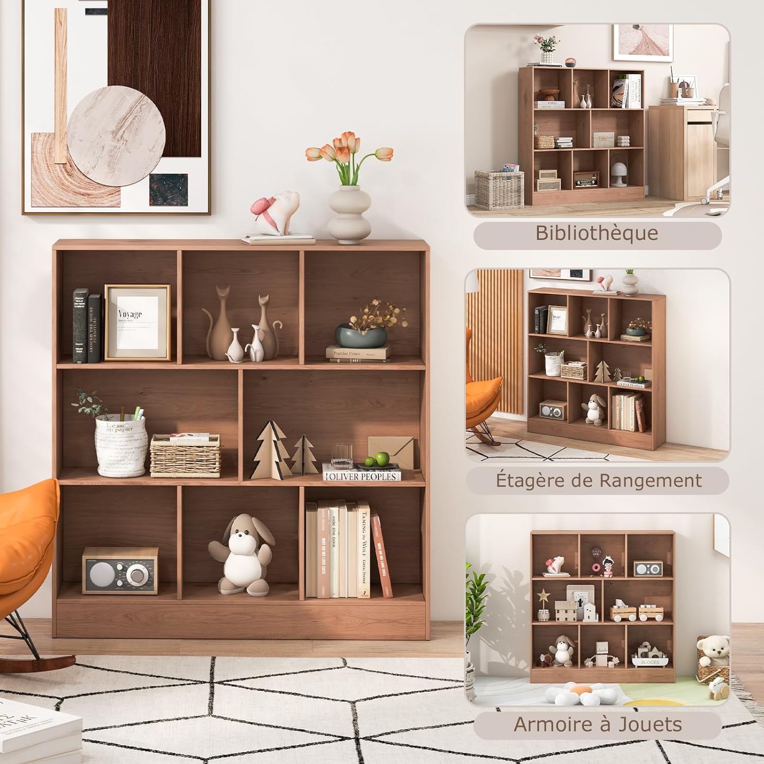 Libreria a 8 Cubi, Organizzatore di Stoccaggio a 3 Ripiani con 2 Kit Anti-Ribaltamento, Scaffale Multiuso in Legno per Soggiorno, Ufficio Stan - 8