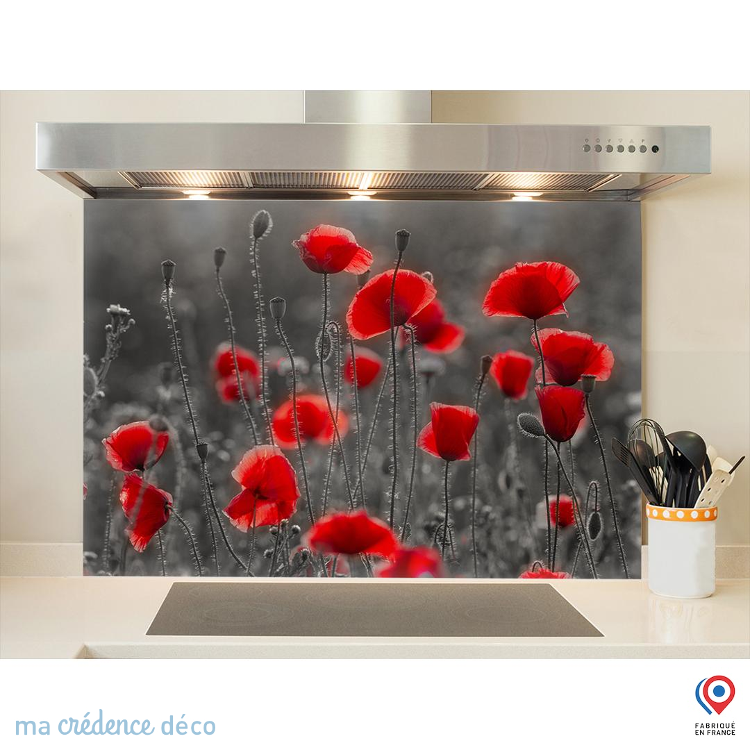 Crédence De Cuisine En Verre 125x50 Cm Motif Nature Coquelicots - Moderne, Rouge Et Vert