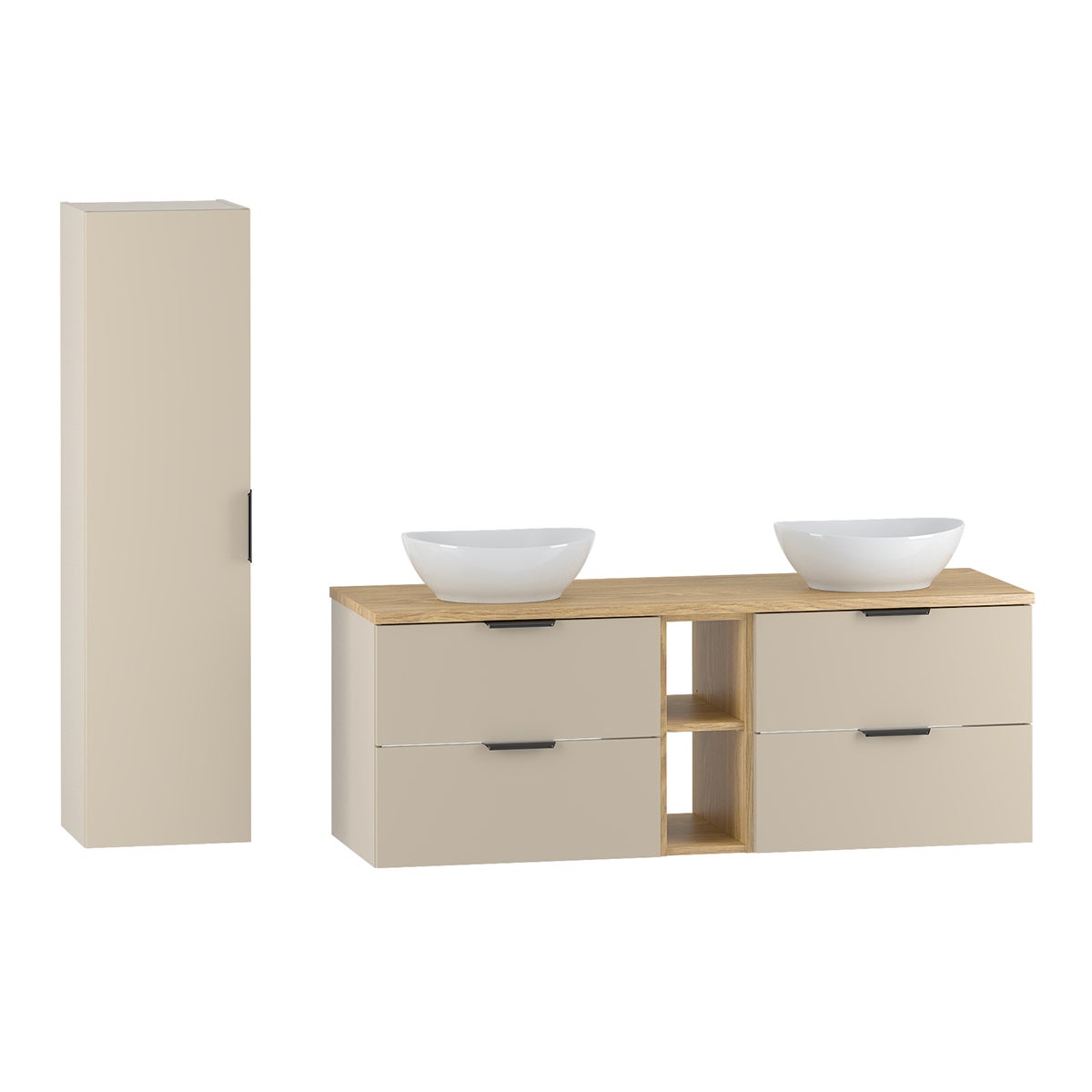 Ensemble meuble double vasque 140cm 2 niches et colonne Astrid Cachemire et bois - 2