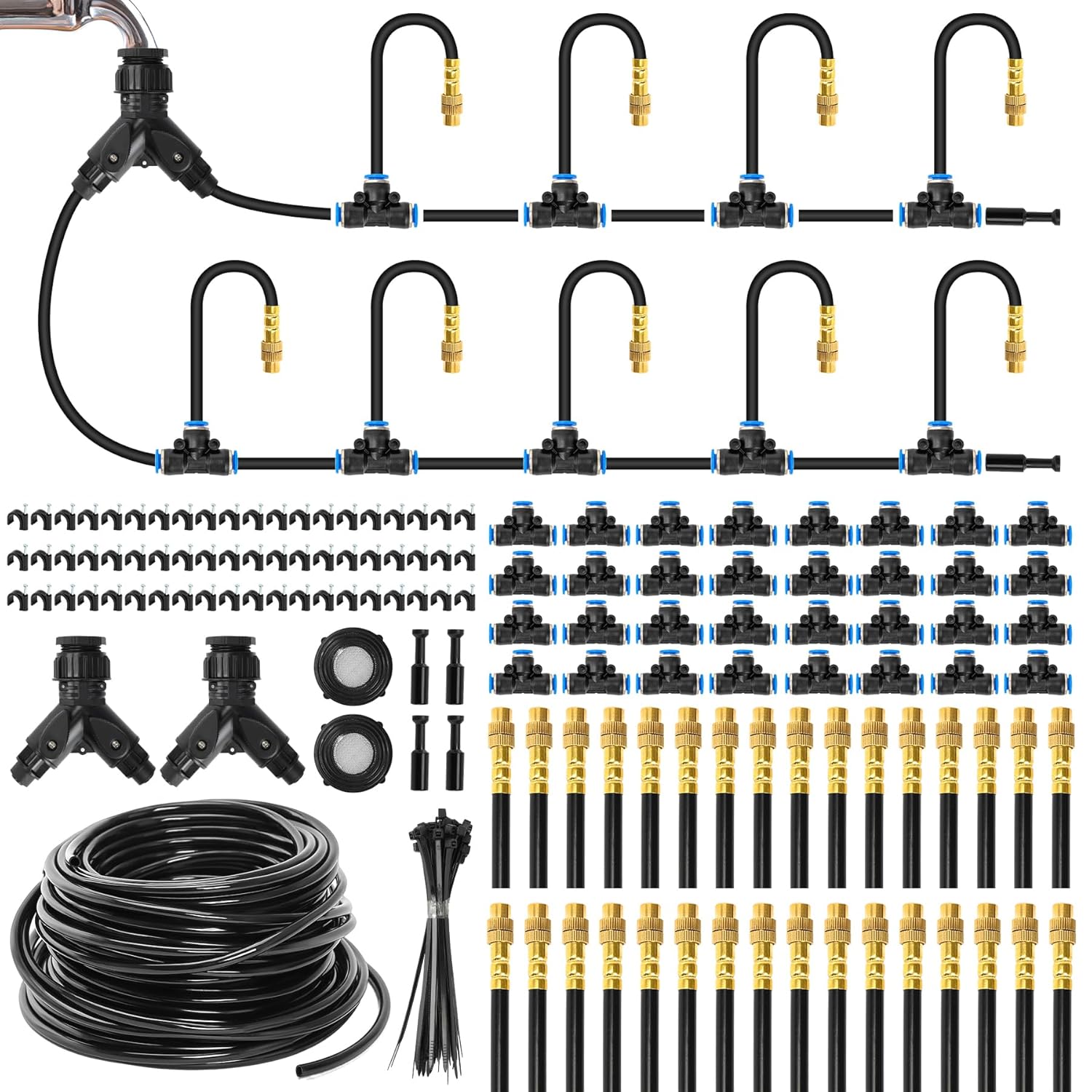 Sistema de riego por goteo de 61 metros (200 pies) y 6,35 mm (1/4 de pulgada) con 32 boquillas de cobre ajustables, apto para patios exteriores