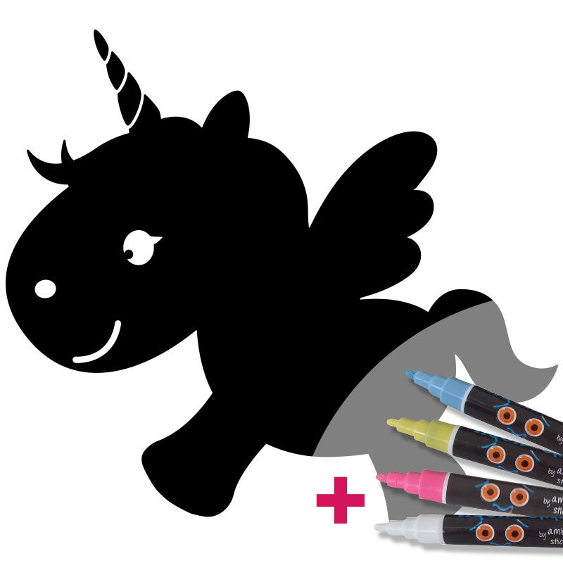 Adesivo lavagna unicorno bambino + 4 gessi liquidi - Sticker adesivo - adesivi murali - 85x95cm - 4