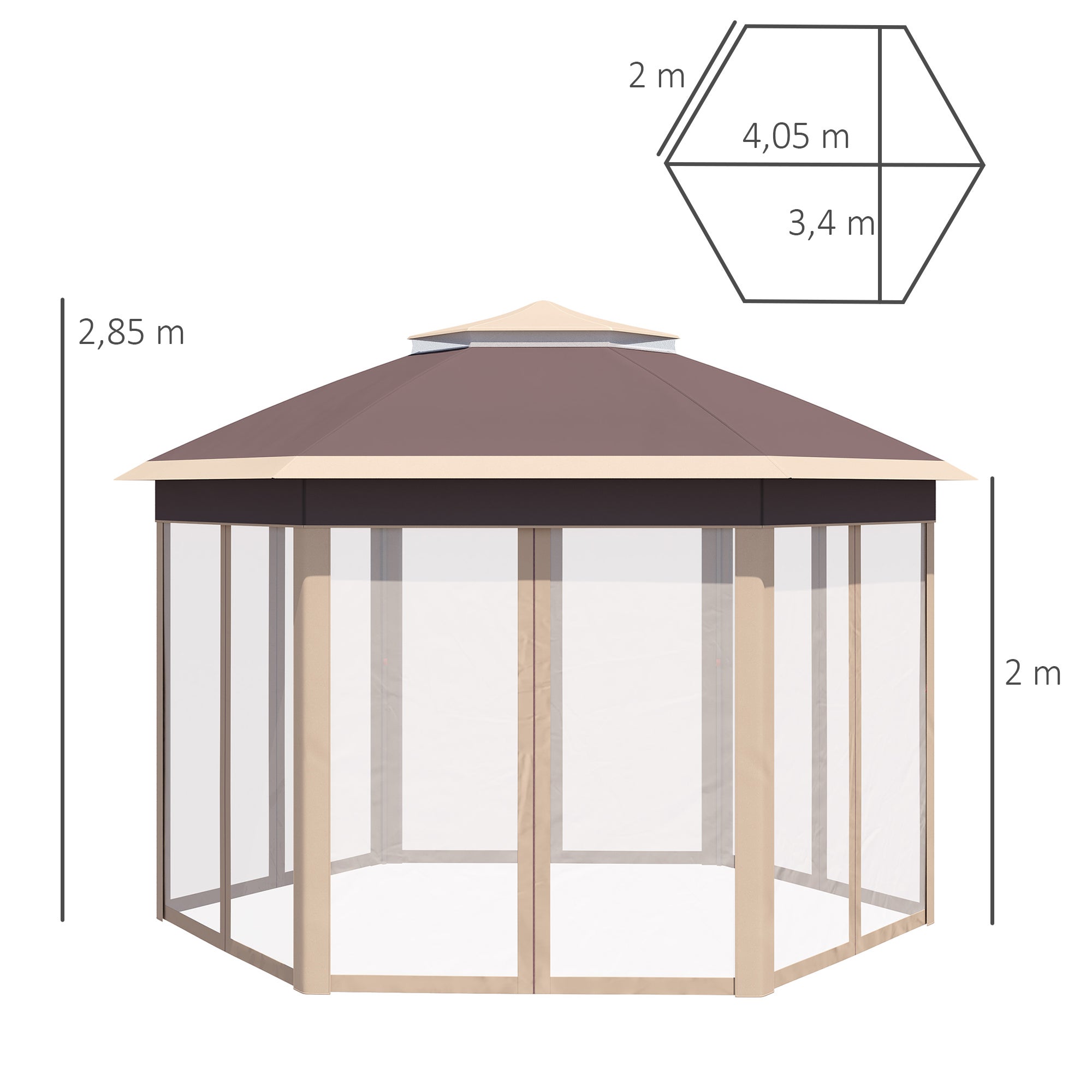 Pavillon Hexagonal 4x4m Imperméable UV - Double Toit, Structure Métal, Sac de Transport Beige/Khaki - 3