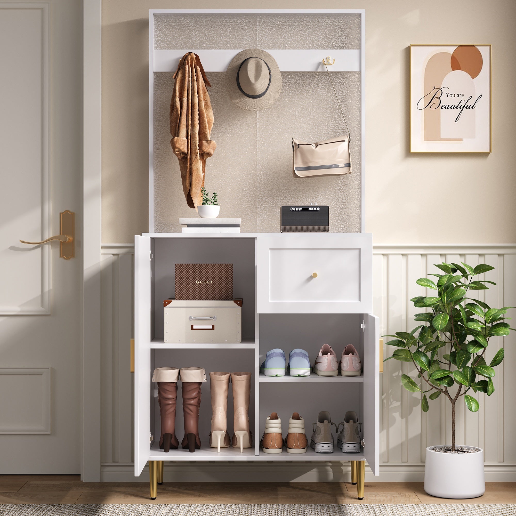 Ensemble vestiaire d'entrée 80x35x175.5 cm - 2 portes et 1 tiroir - avec 3 crochets - Étagères réglables - MDF - Blanc - 6