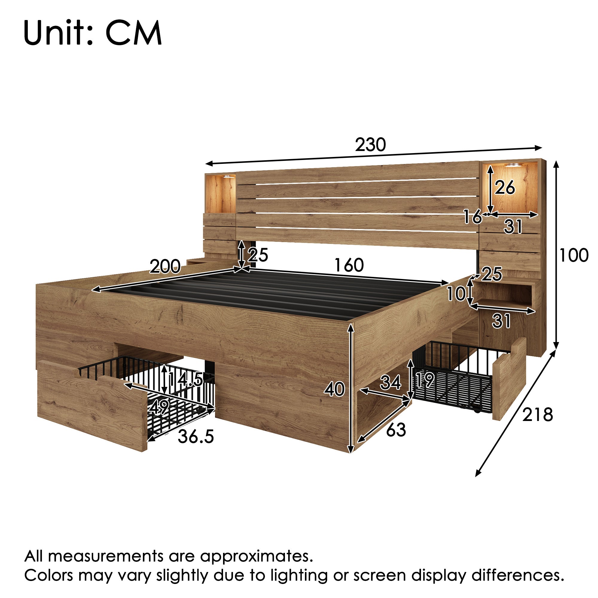 Lit en Bois Massif 160x200 cm, Lit Double avec Éclairage LED, avec USB Type-C, lit de Rangement avec 3 tiroirs et Tables de Chevet (sans Matelas) - 5