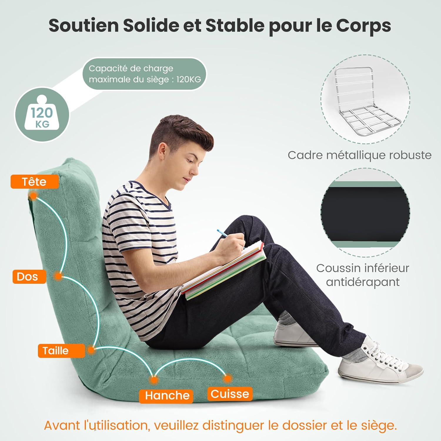 Canapé Paresseux Tatami Pliable Chaise de Plancher Coussin de Chaise de Lit Siège de Sol pour Maison, Bureau 105 x 56 x 15 CM (Vert Clair) - 7