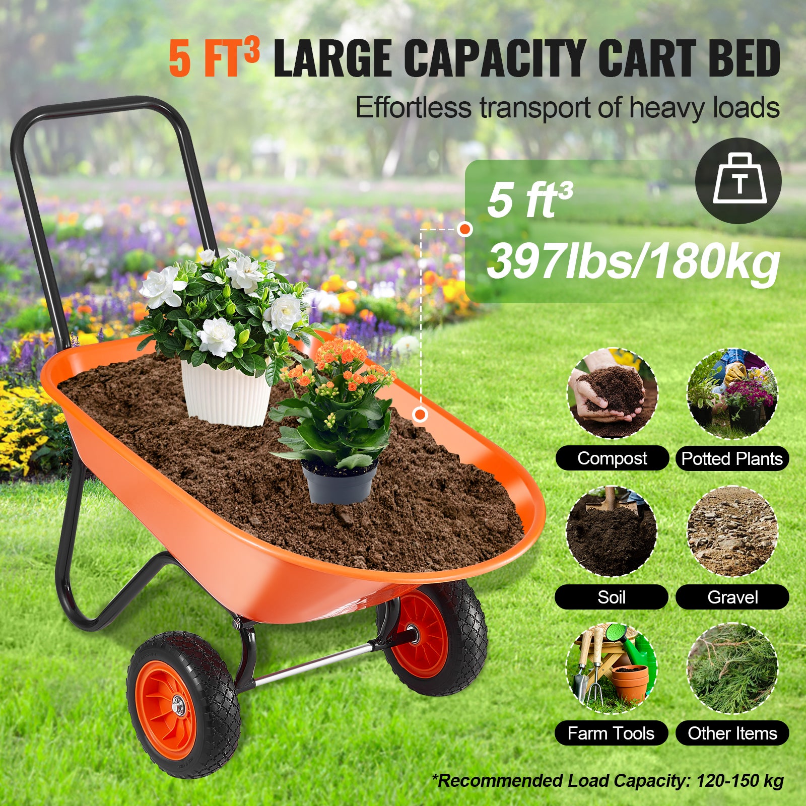 Chariot,5 pi3 Camion à benne basculante à 2 roues avec poignées,capacité de 397 lb,pneus à chenilles de 10 po de large SucceBuy - 6