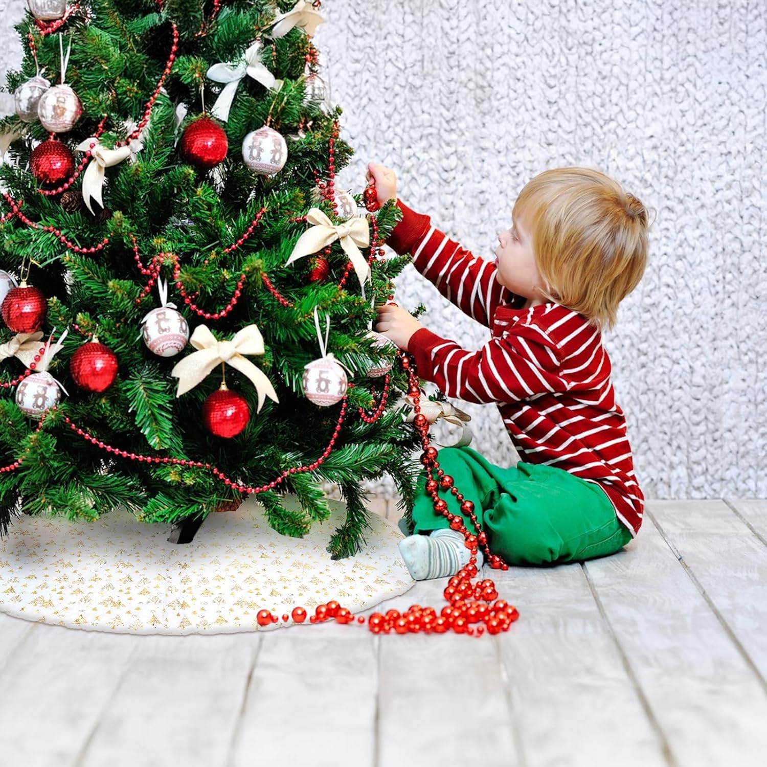 Saia para árvore de Natal, padrão dourado para árvore de Natal, capa para base de árvore de Natal, decoração para casa (122 cm) - 6