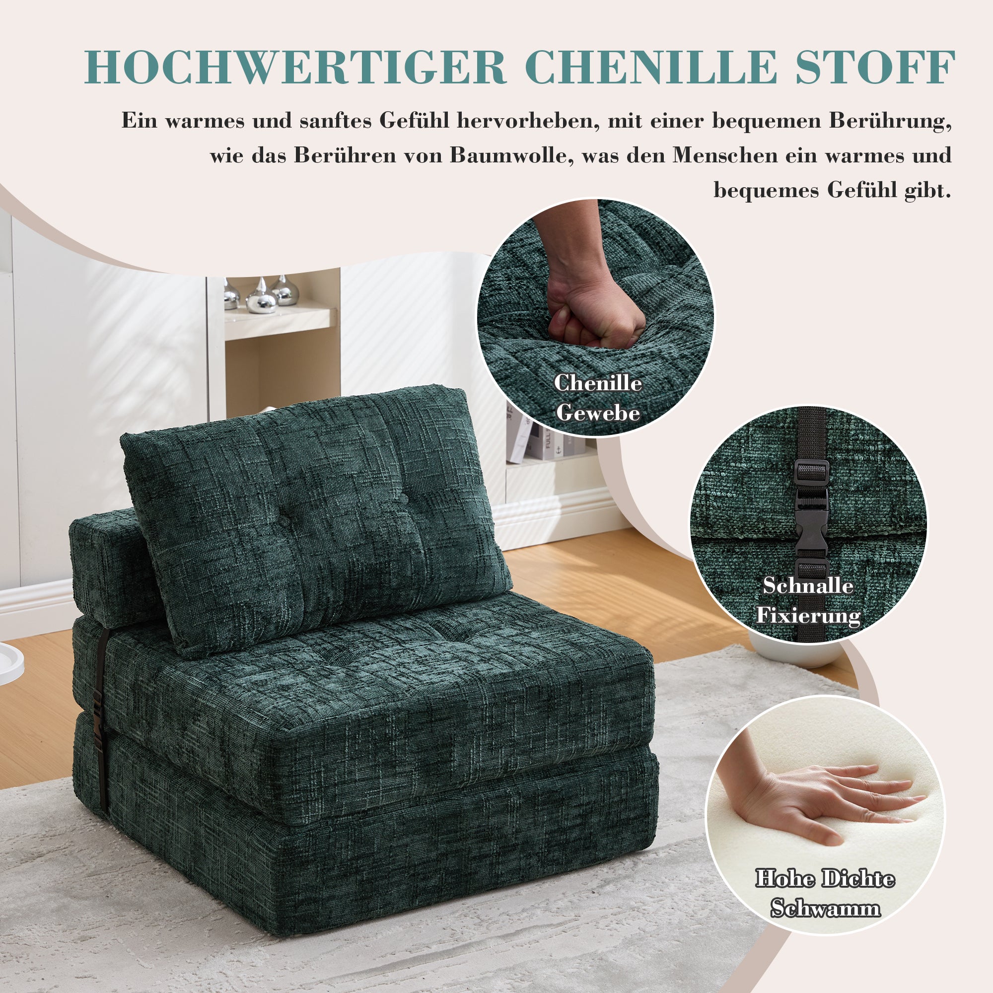 Canapé-Lit Pliant Multifonction avec Coussins, Fauteuil Convertible ,Tissu Chenille Vert émeraude, Dimensions 79x79x57 cm - 8