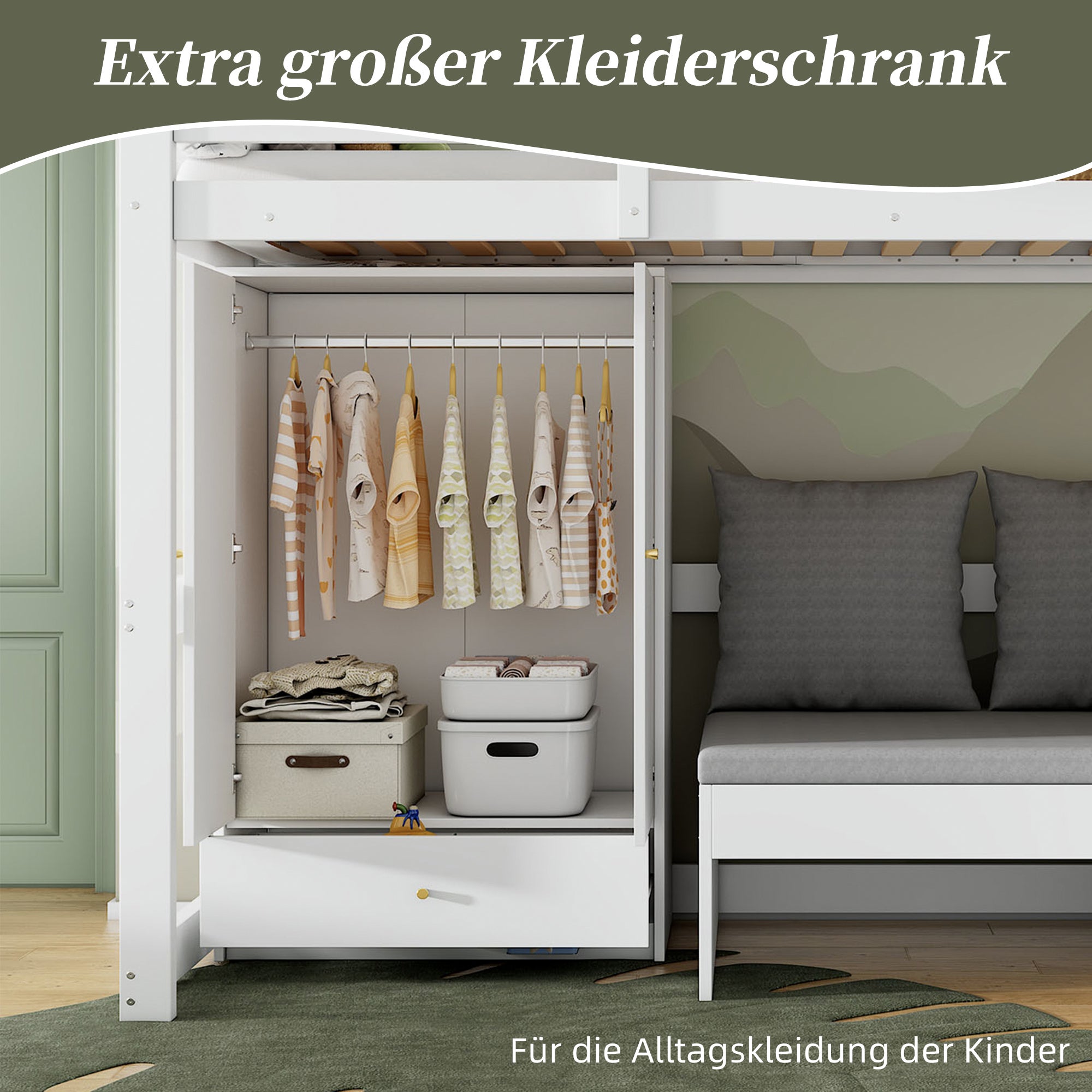 Letto a castello 90 x 200 cm, letto per bambini, con scaletta, armadio, divano con spazio contenitore, senza materasso, legno massello, bianco - 9