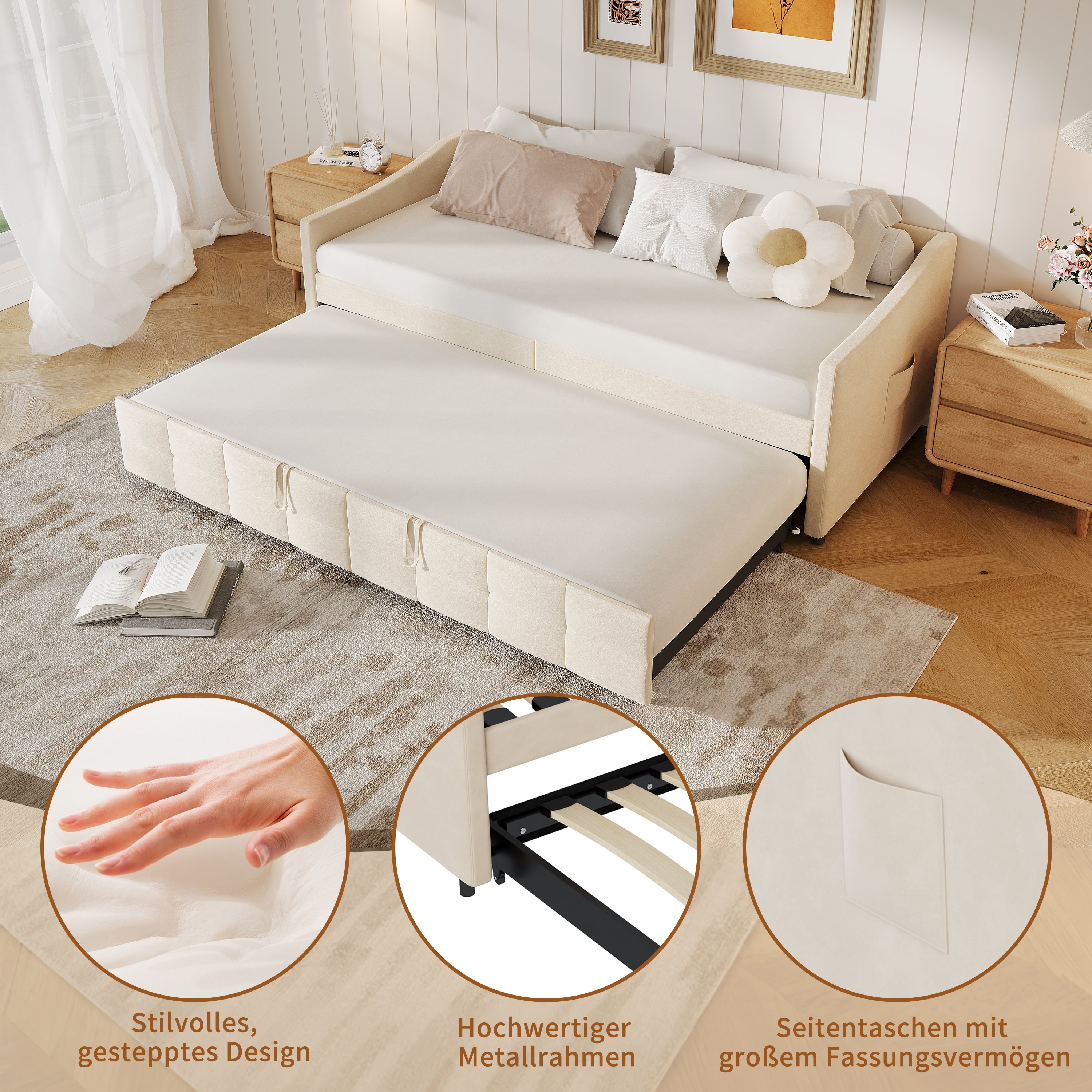 Canapé Lit 2 Places Convertible 90x200 cm, Lit Gigogne 2 Places avec Sommier à Lattes, Lit Banquette pour Salon Chambre, Velours, Beige - 4