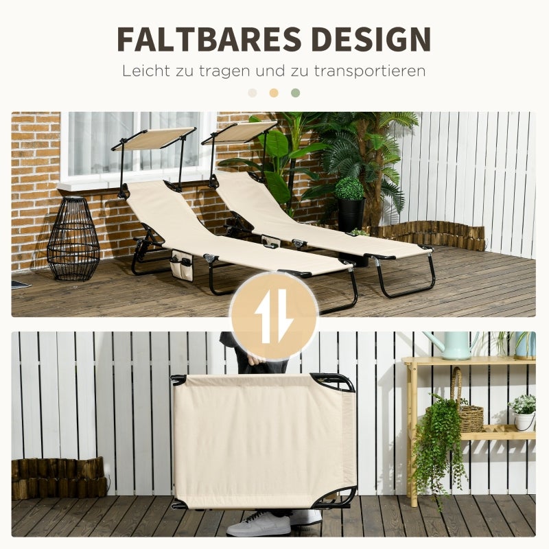 Ensemble de 2 chaises longues pliantes, chaises longues de jardin avec pare-soleil, dossier réglable en hauteur sur 5 positions - 6