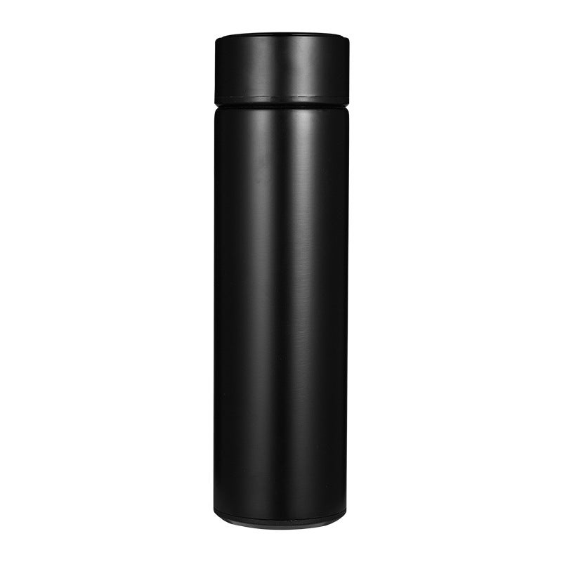 Czarna, izolowana butelka ze stali nierdzewnej, 500 ml, ze wskaźnikiem temperatury LED, szczelna i inteligentna.