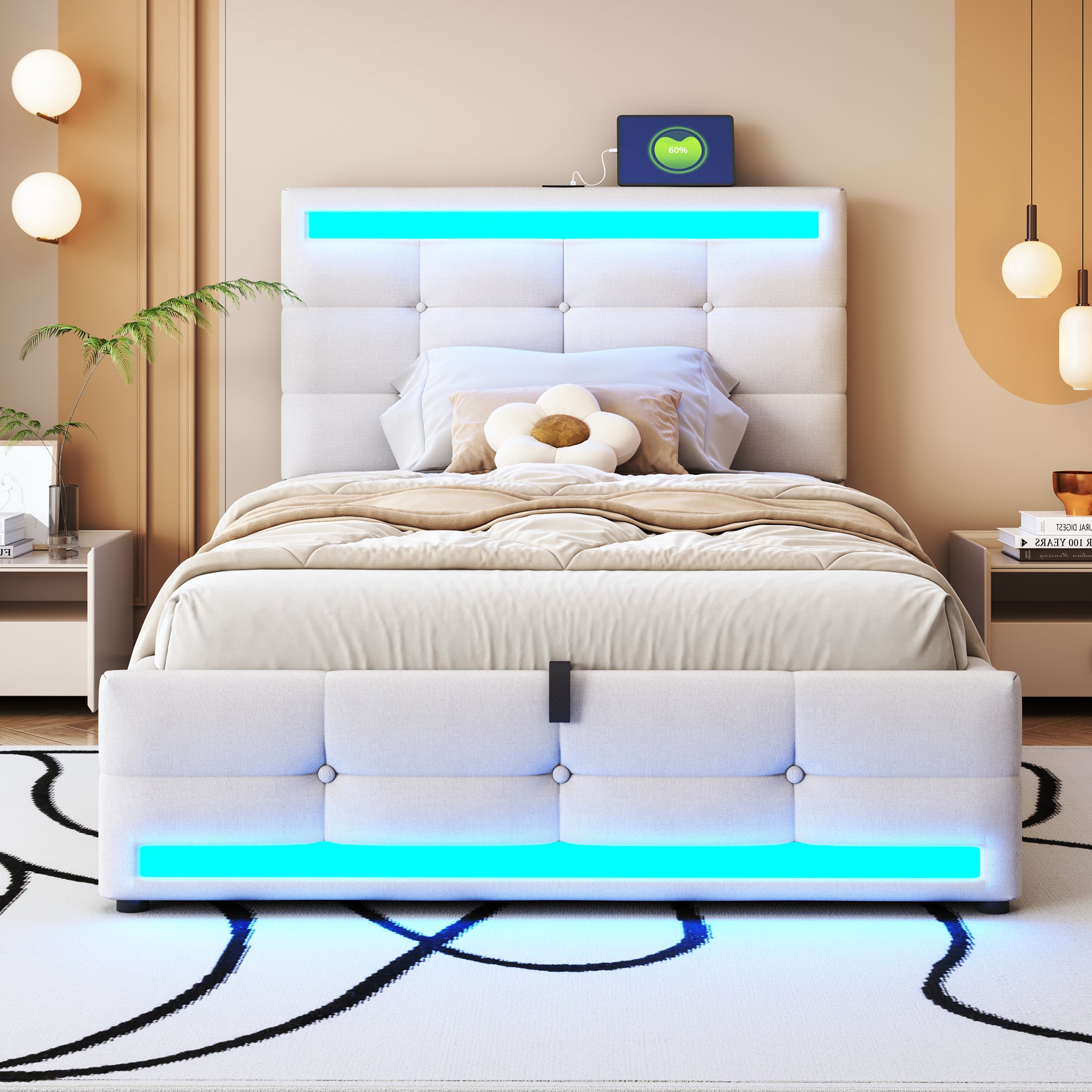 Łóżko tapicerowane 90x200cm - Z portem USB - Z oświetleniem LED - Pościel - Beżowy (bez materaca)
