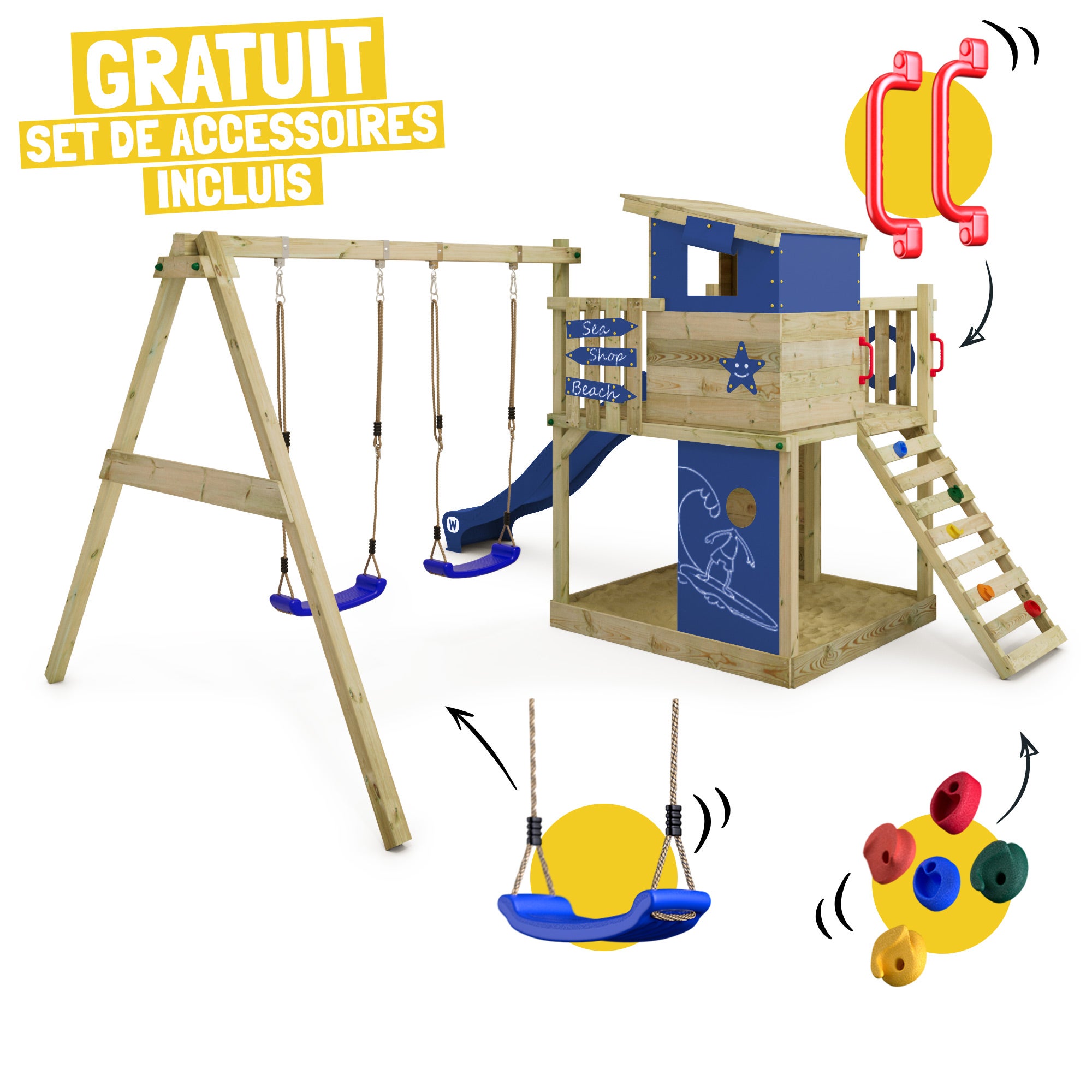 WICKEY Tour de jeux Smart Camp avec maisonnette, balançoire et toboggan bleu - 2