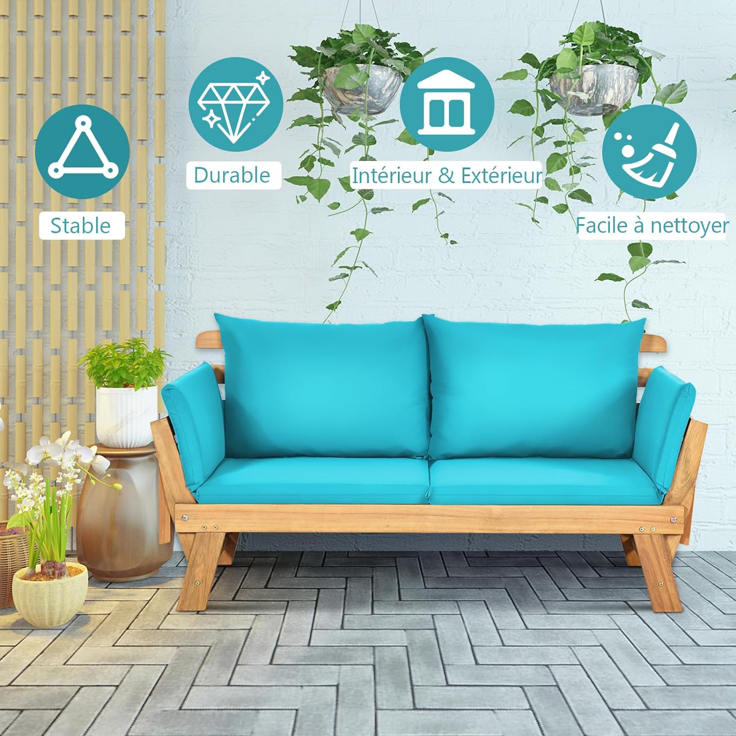 3 en 1 Canapé Lit de Jardin Extensible 2 Places Bois Acacia FSC Charge 320 KG-Accoudoirs Réglables/Coussins/Dossier Amovibles Turquois - 7