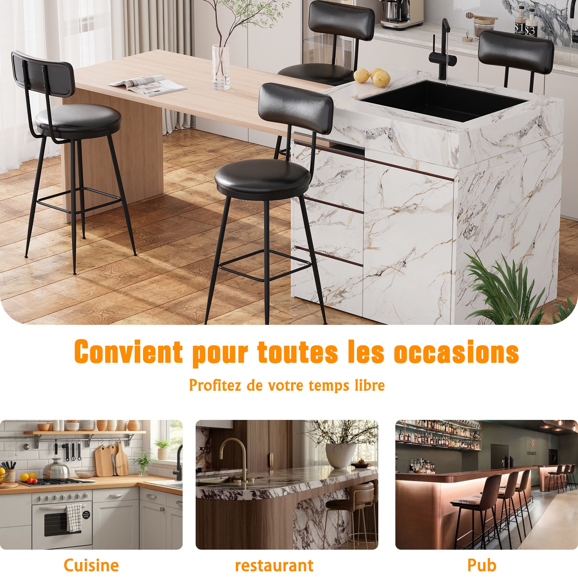 Tabouret de Bar,Lot de 2,Siège Rembourré,PU avec Coutures,Adapté pour Cuisine,Salle à Manger et Bar,Hauteur d'assise 65 cm,Noir - 8
