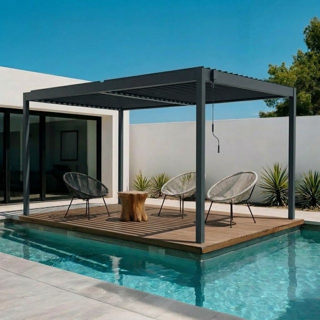 Pergola bioclimatique autoportée PIANA 4x3m aluminium gris - lames orientables