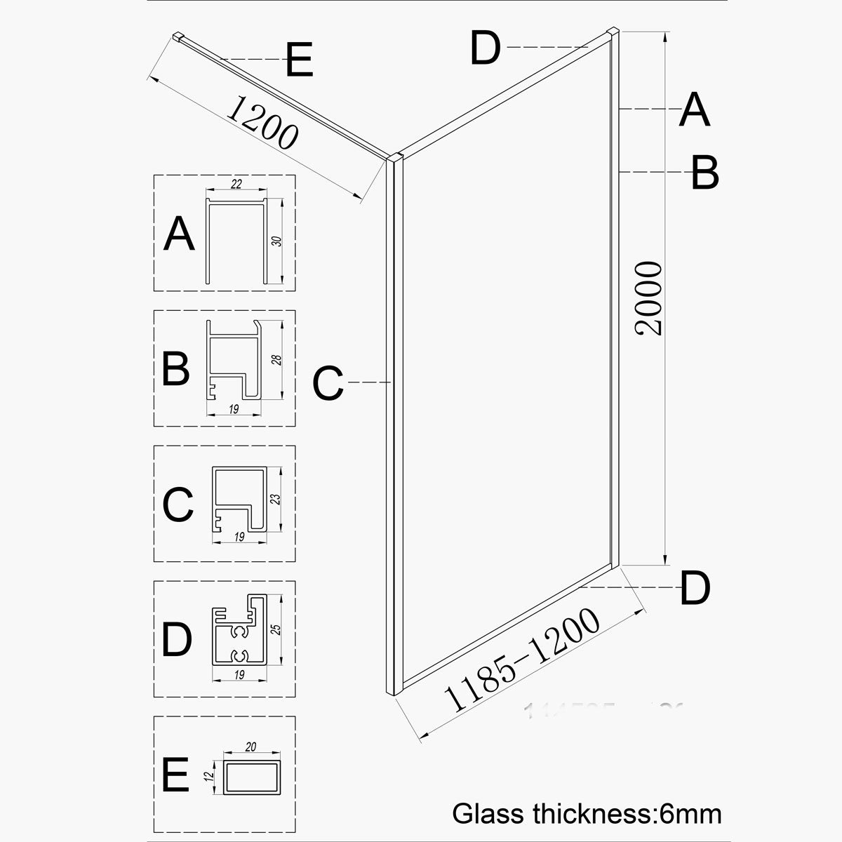 Paroi de douche Square 120x200 cm verre anticalcaire 6mm avec barre de fixation en aluminium cadre complet, ESSEBAGNO, Or Brossé - 3
