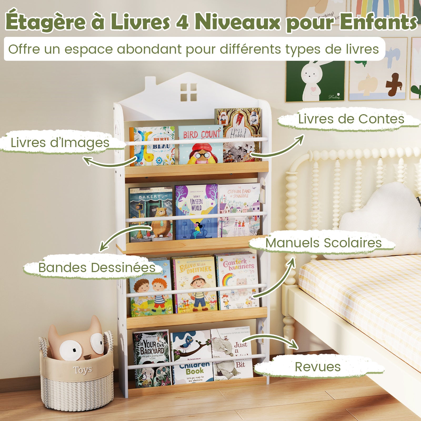 Bibliothèque pour Enfants en Forme de Maison, Étagère à 4 Niveaux avec Barrières Anti-chute et Barres Métalliques, Conception avec Socle Réservé - 3