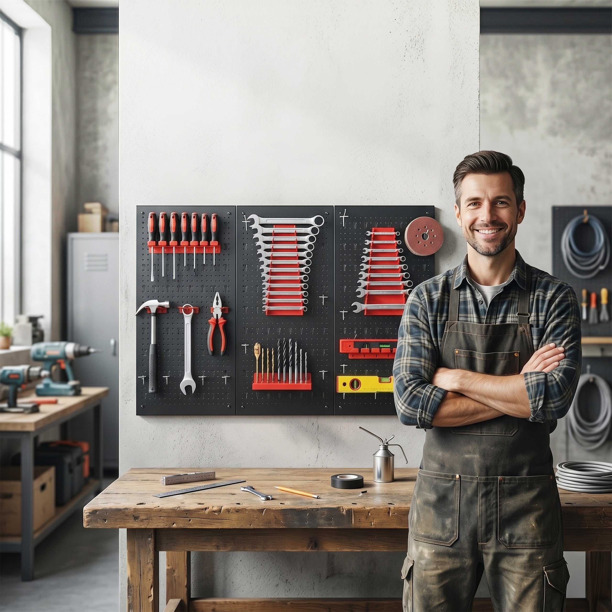 Ensemble de 3 panneaux perforés pour outils, 30 accessoires, 60 x 40 cm, métal, atelier, noir/rouge, relaxdays - 7