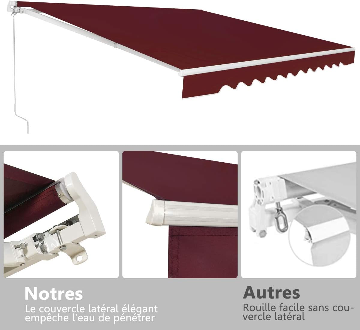 Store Banne de Balcon Rétractable avec Tissu Résistant aux UV et à l'eau, Cadre en Aluminium, Réglable 5-35°,3 x 2,5 m, Bourgogne foncé - 7