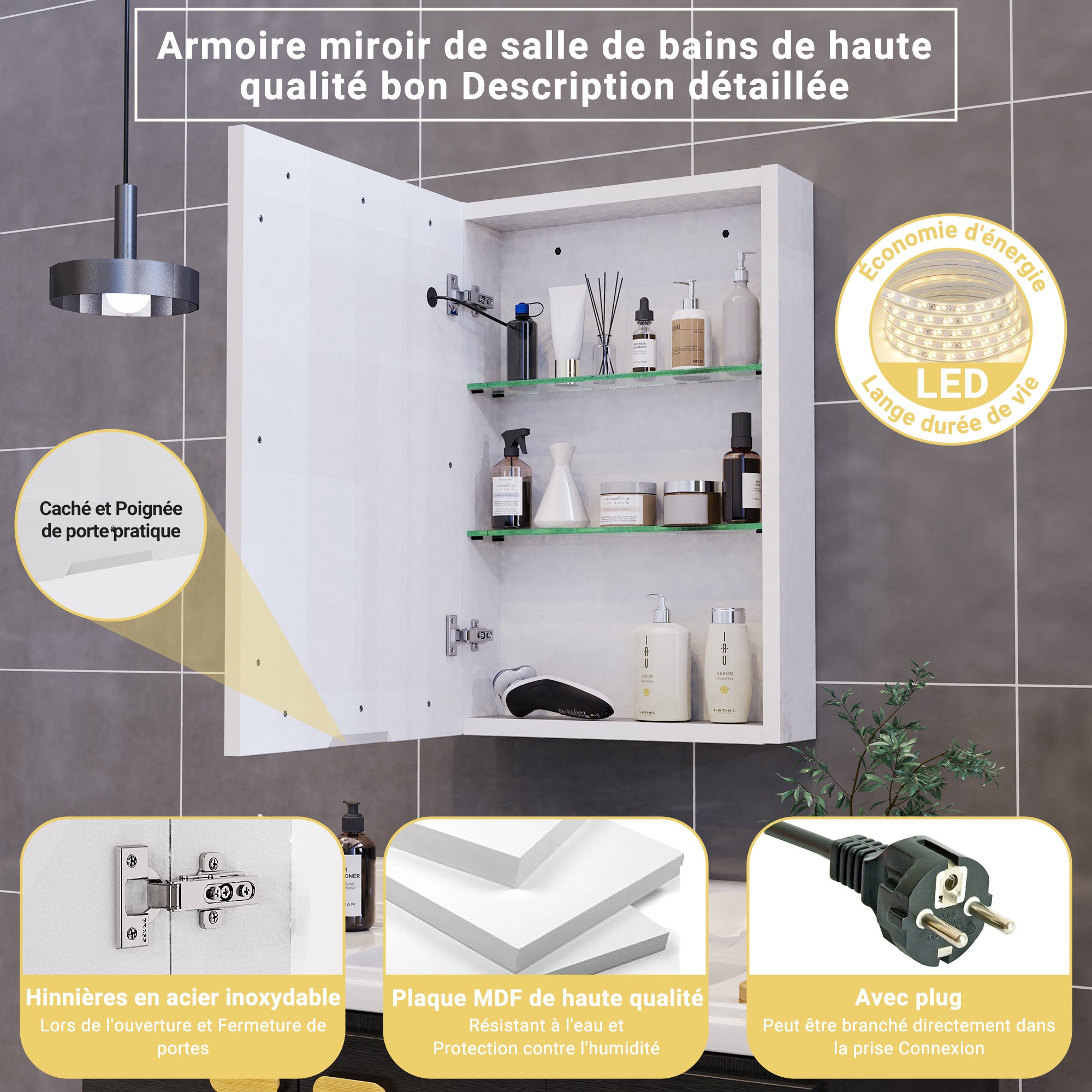 Armoire Murale Salle de Bain avec Miroir et LED,Armoire de Toilette Miroir Meuble Salle de Bain avec Rangement et Étagère Réglable,Blanc,50x70x12.5cm - 7