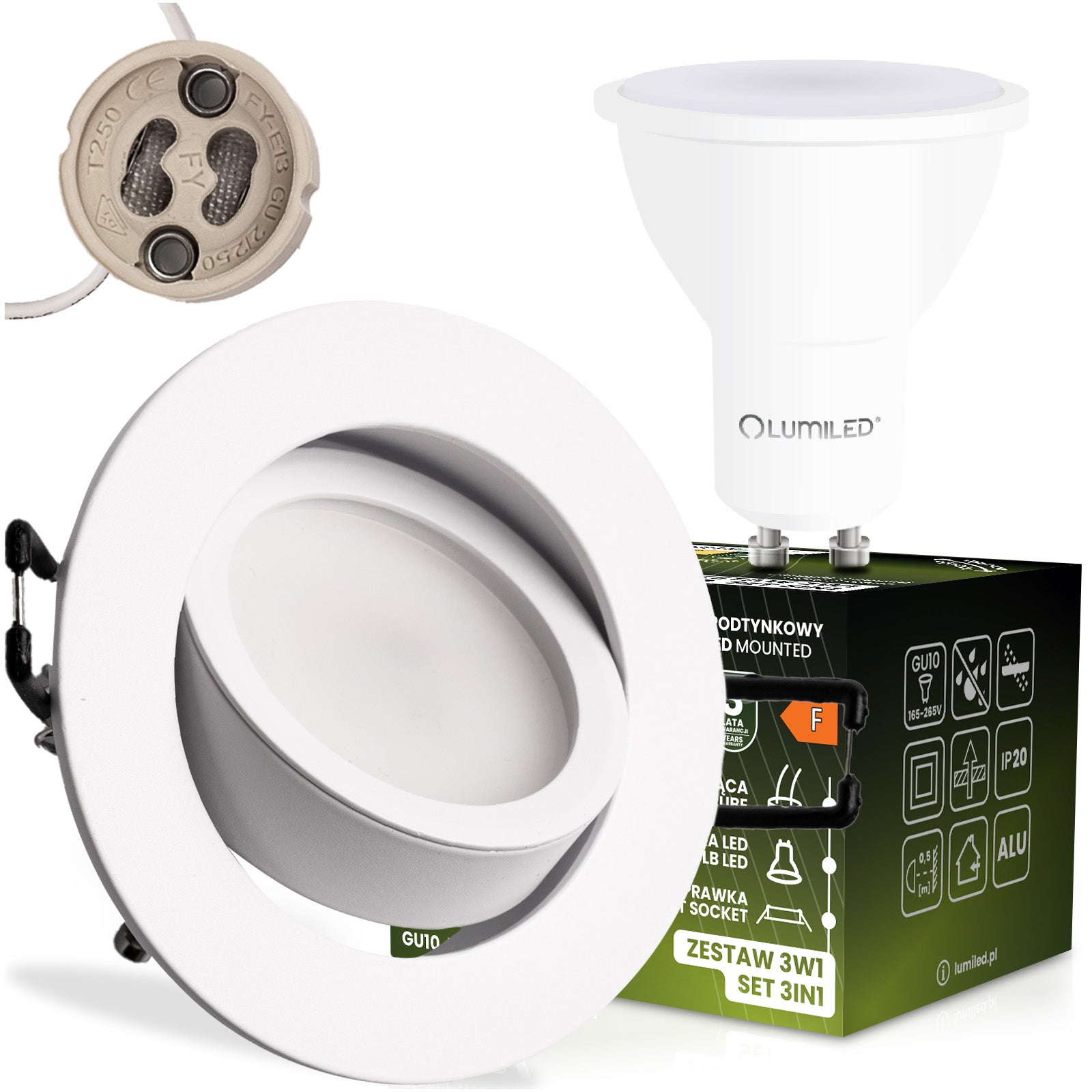 Oprawa Halogenowa Oczko Lumiled Podtynkowa Sufitowa Okrągła Ruchoma 3w1 GU10 6W 3000K Ciepła biel Biały mat