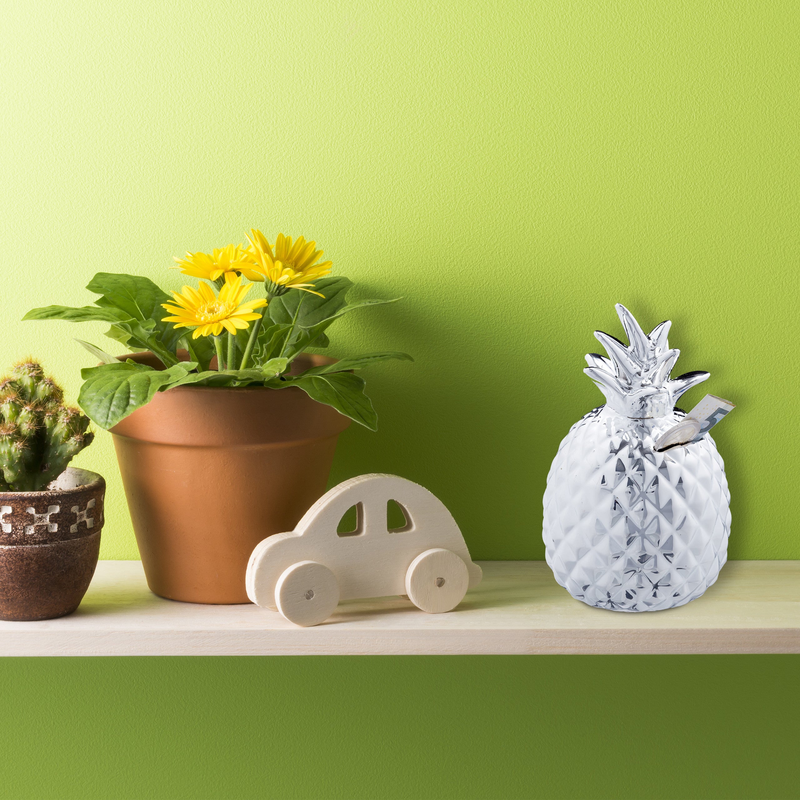 Set da 4 Salvadanai a Forma di Ananas, in Ceramica, Cassette Porta Soldi, con Serratura, 2 Chiavi, 16 x 9 cm, Argento - 2