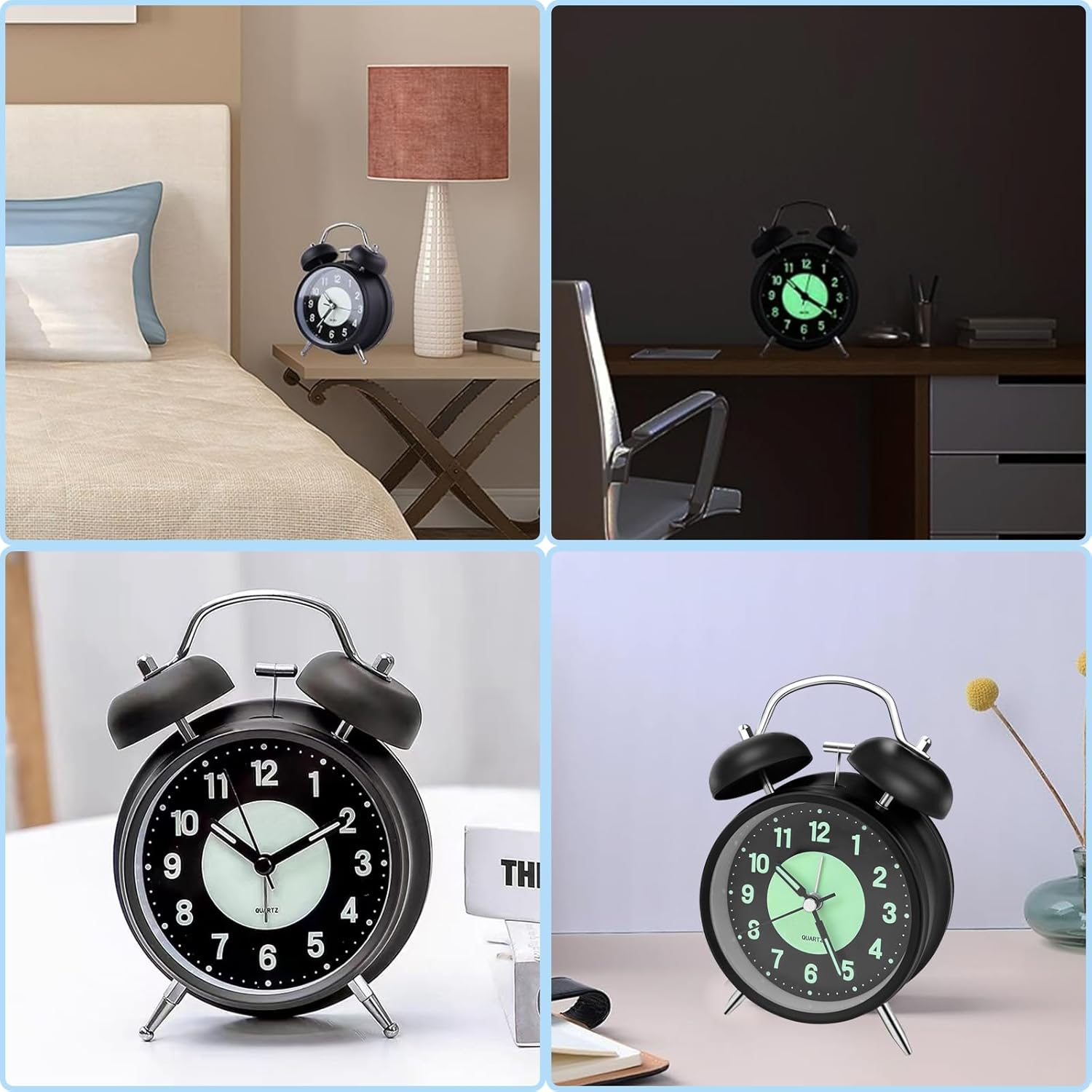 Sveglia da comodino silenziosa, a batteria, orologio da scrivania, analogico, per camera da letto, stile vintage, sveglia con luce grande