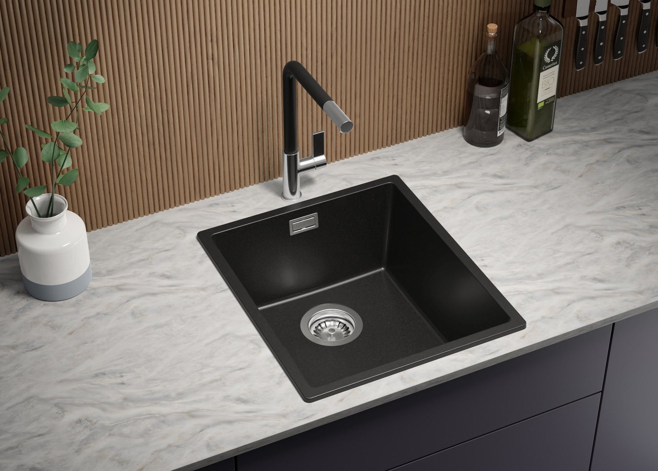 Lavandino da Cucina Nero 41x47cm, Lavello in Granito a 1 vasca + Sifone Classico + Accessori, Lavabo da Cucina Incasso al mobile 45cm PRIMAGRAN - 2