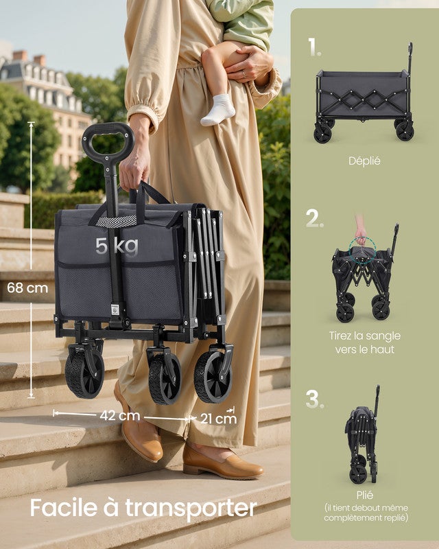 Chariot de Transport Pliable, Chariot de Camping avec Poignée, 4 Roues Renforcées dont 2 Roues Universelles, Charge 180 kg, Gris Ardoise - 4