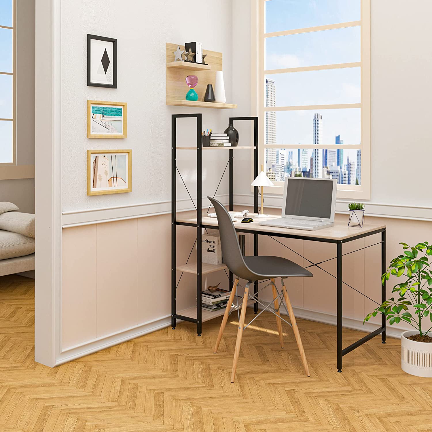 Table de Bureau avec étagère de Rangement Bureau d'ordinateur Stable et Robuste env,120x64x120 cm,Noir+Chêne Clair,WOLTU - 2