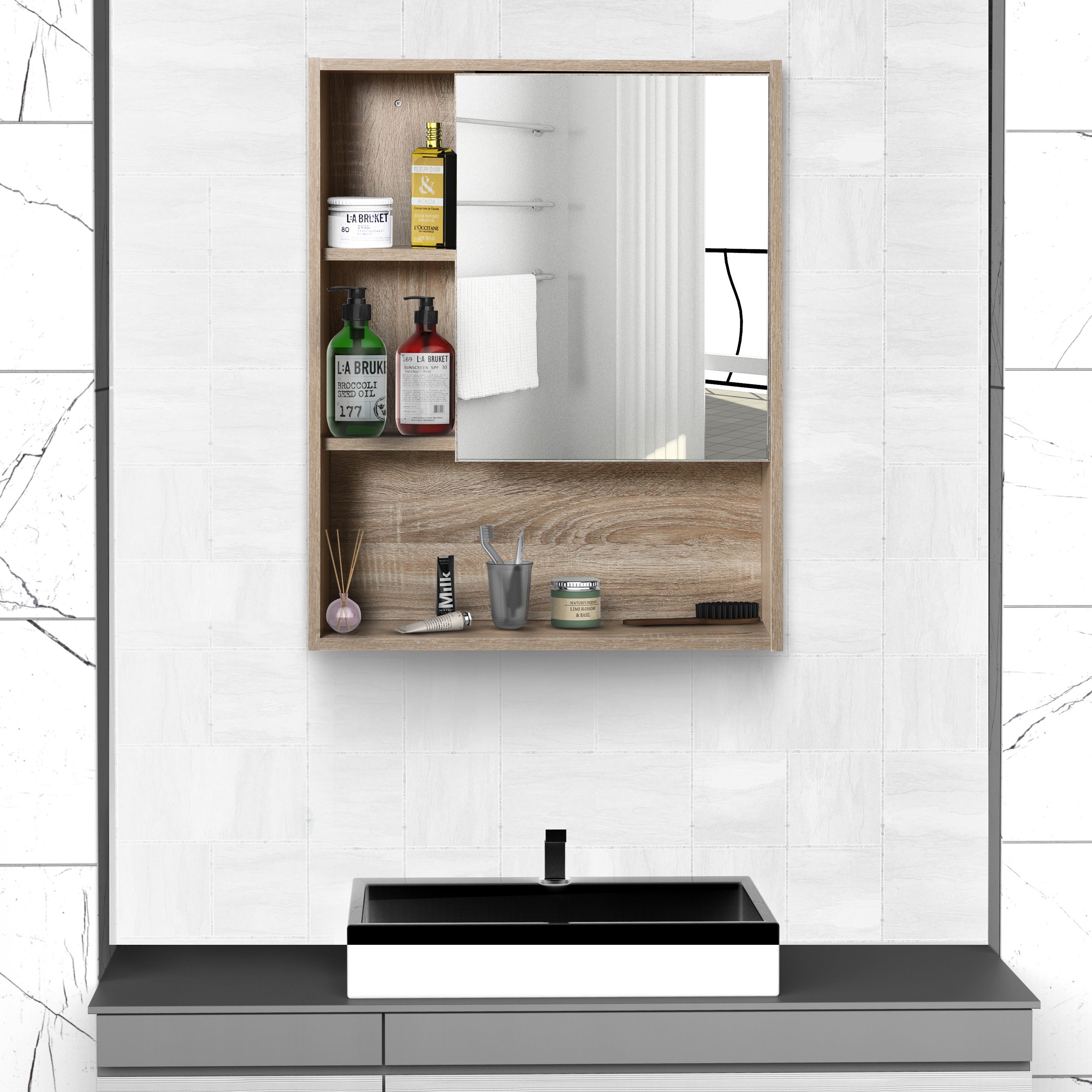 Armoire Murale avec miroir pour salle de bain Meuble de Rangement suspendu Couleur Bois de chêne dim. 60Lx15lxH76cm - 4