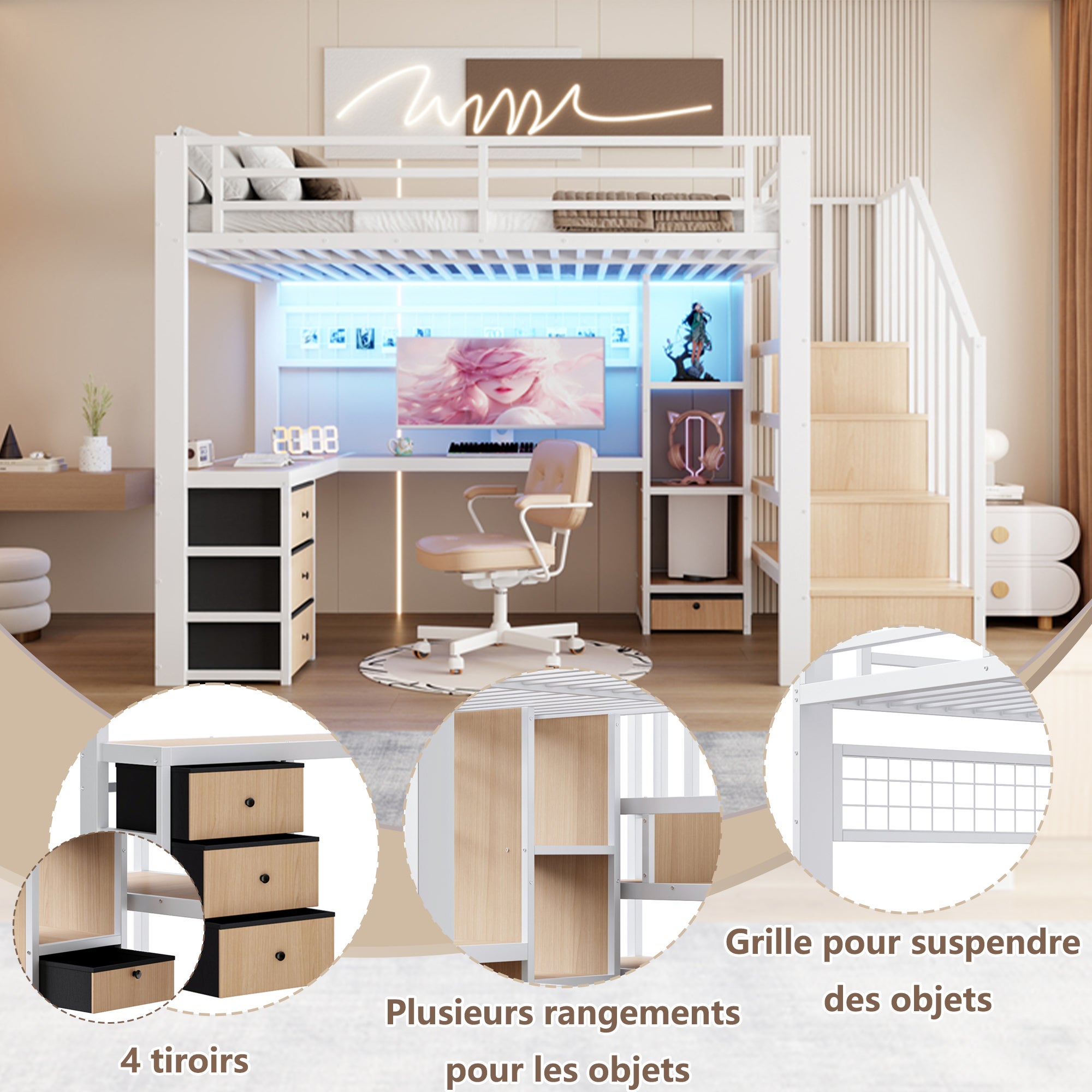 Lit mezzanine 90 x 200 cm avec bureau intégré, Lit simple structure en fer avec penderie LED, 4 tiroirs et escalier de rangement, sans matelas, Blanc - 7