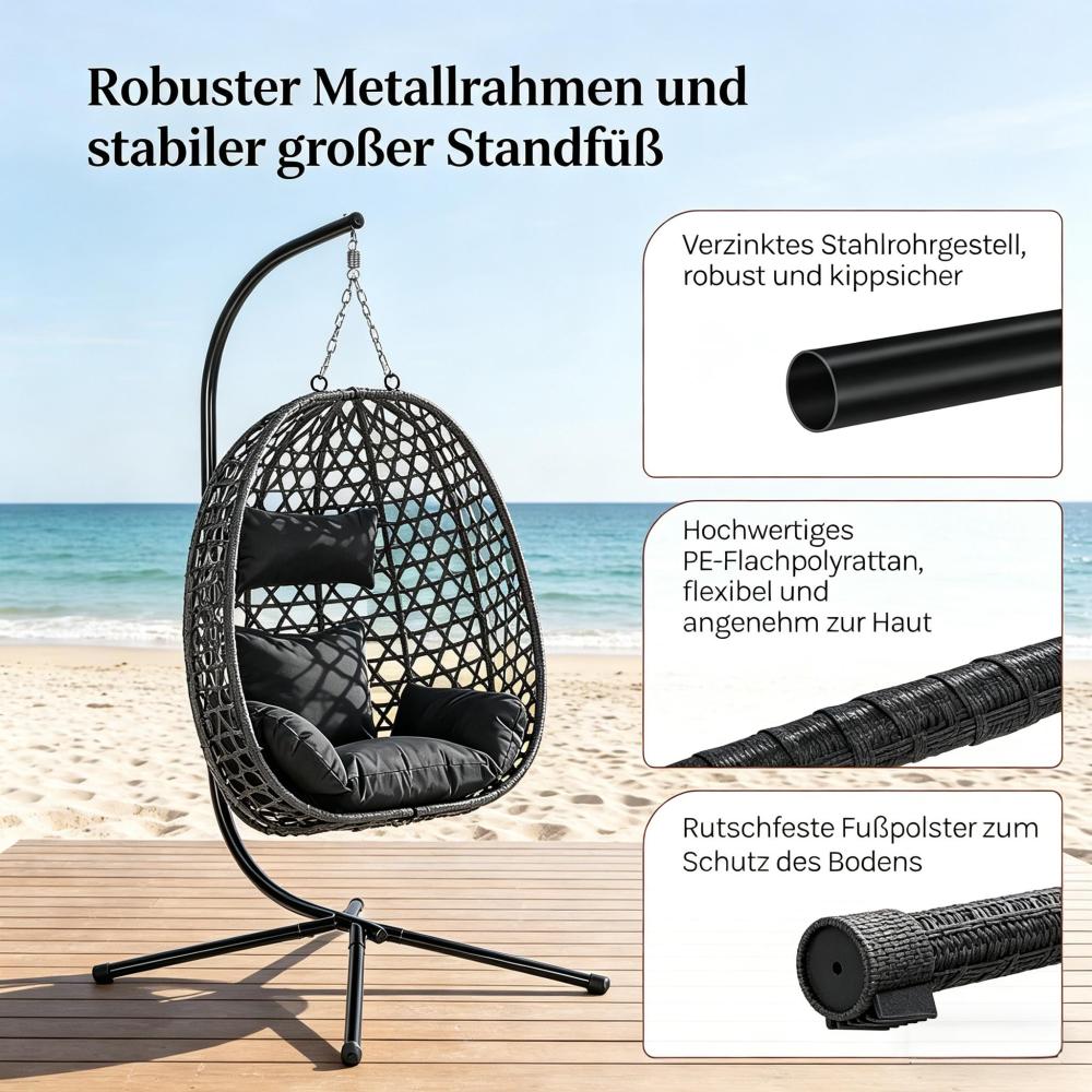 Fauteuil suspendu en rotin, hauteur réglable, chaise œuf moderne anthracite, balançoire intérieur extérieur, structure métal robuste - 6