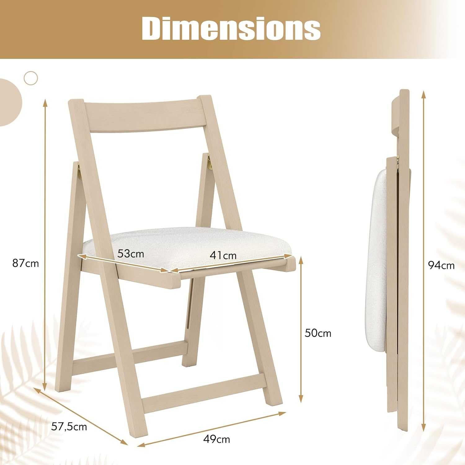 Lot de 2 Chaise Pliante avec Dossier Courbé, Chaises de Salle à Manger Rembourrées, Structure en Bois de Caoutchouc, pour Salon, Charge 150 kg, Beige - 3