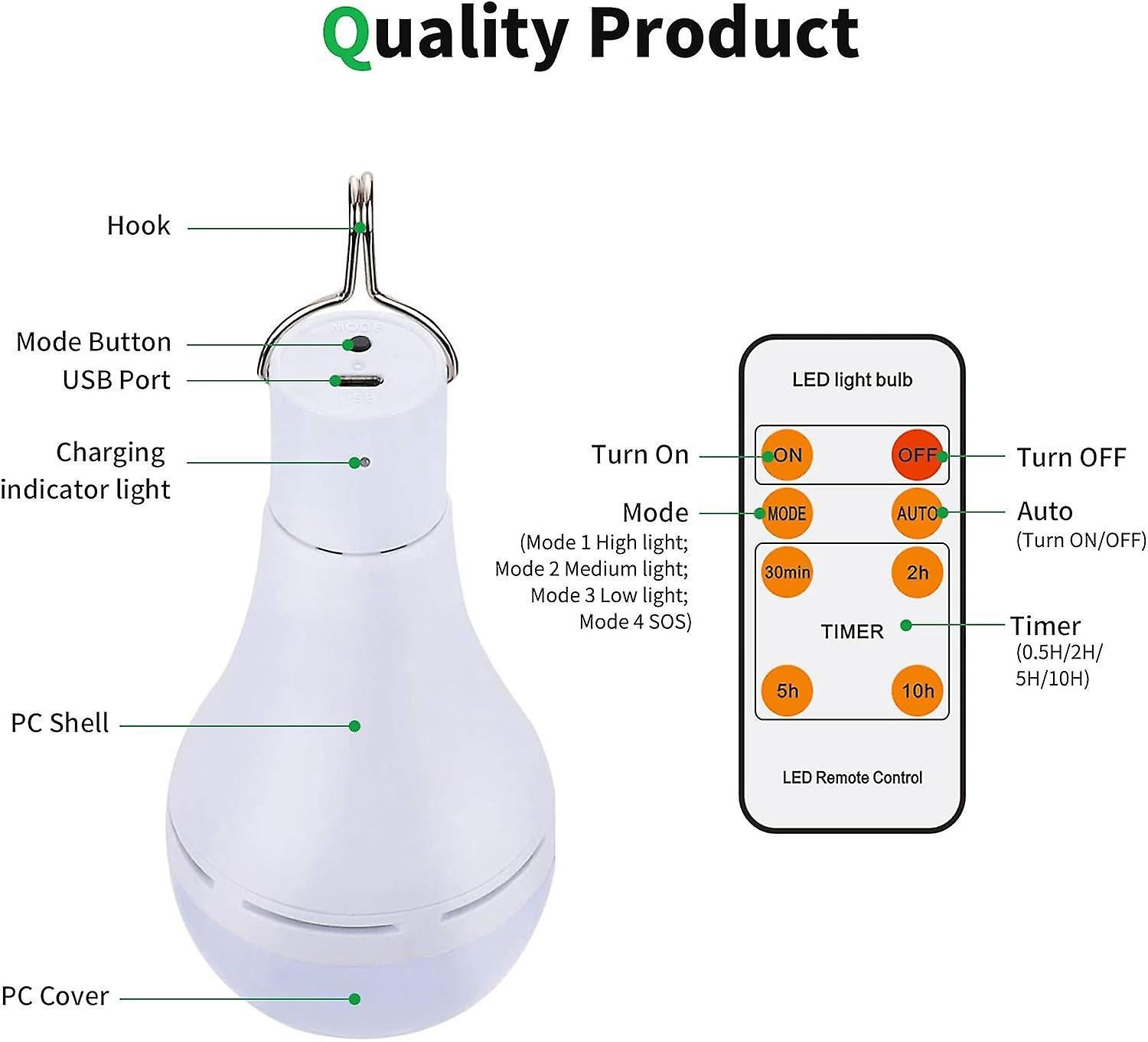 Ampoules LED rechargeables USB, lampe de camping portable Afoskce avec minuterie à distance, 5 modes d'éclairage, avec crochet - 2