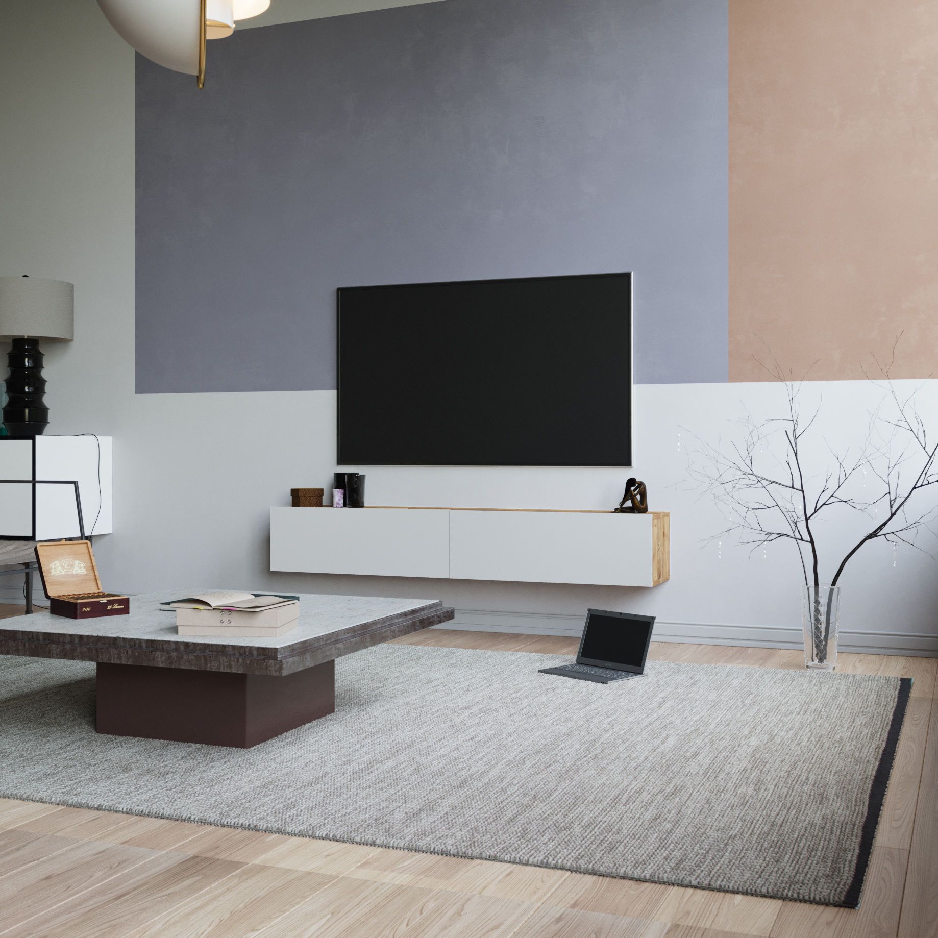 Meuble TV 2 portes battantes Wafo 180cm Bois Naturel et Blanc - 4