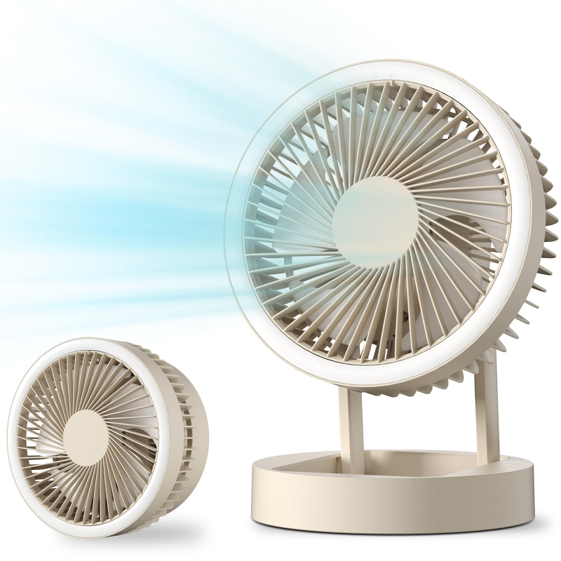 Ventilador de escritorio plegable y recargable con oscilación, luz nocturna y función bancopower (3 velocidades)