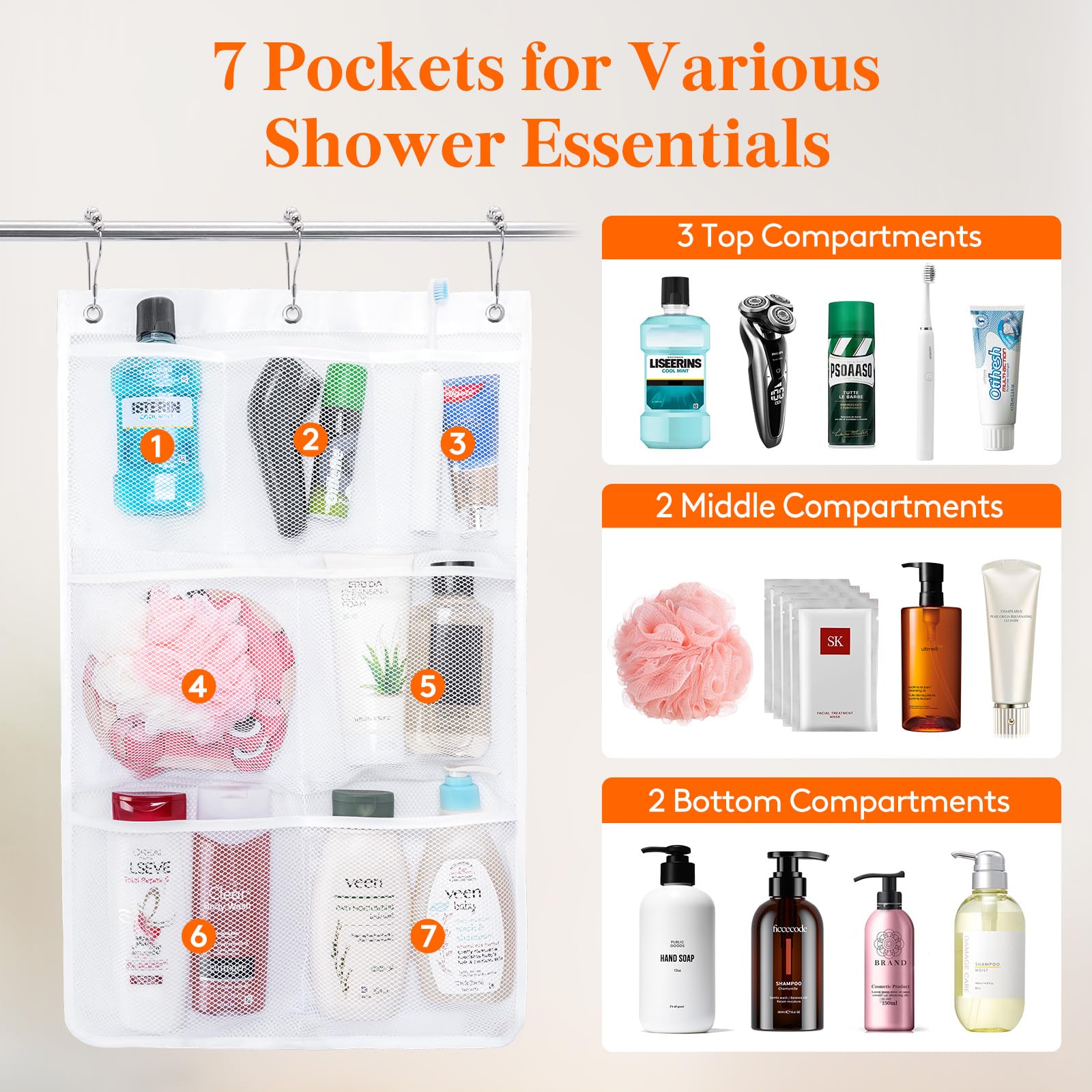 Lot de 2 sacs de rangement en filet pour douche, organisateur de douche suspendu en maille à séchage rapide de luxe, accessoires de salle de bain - 3