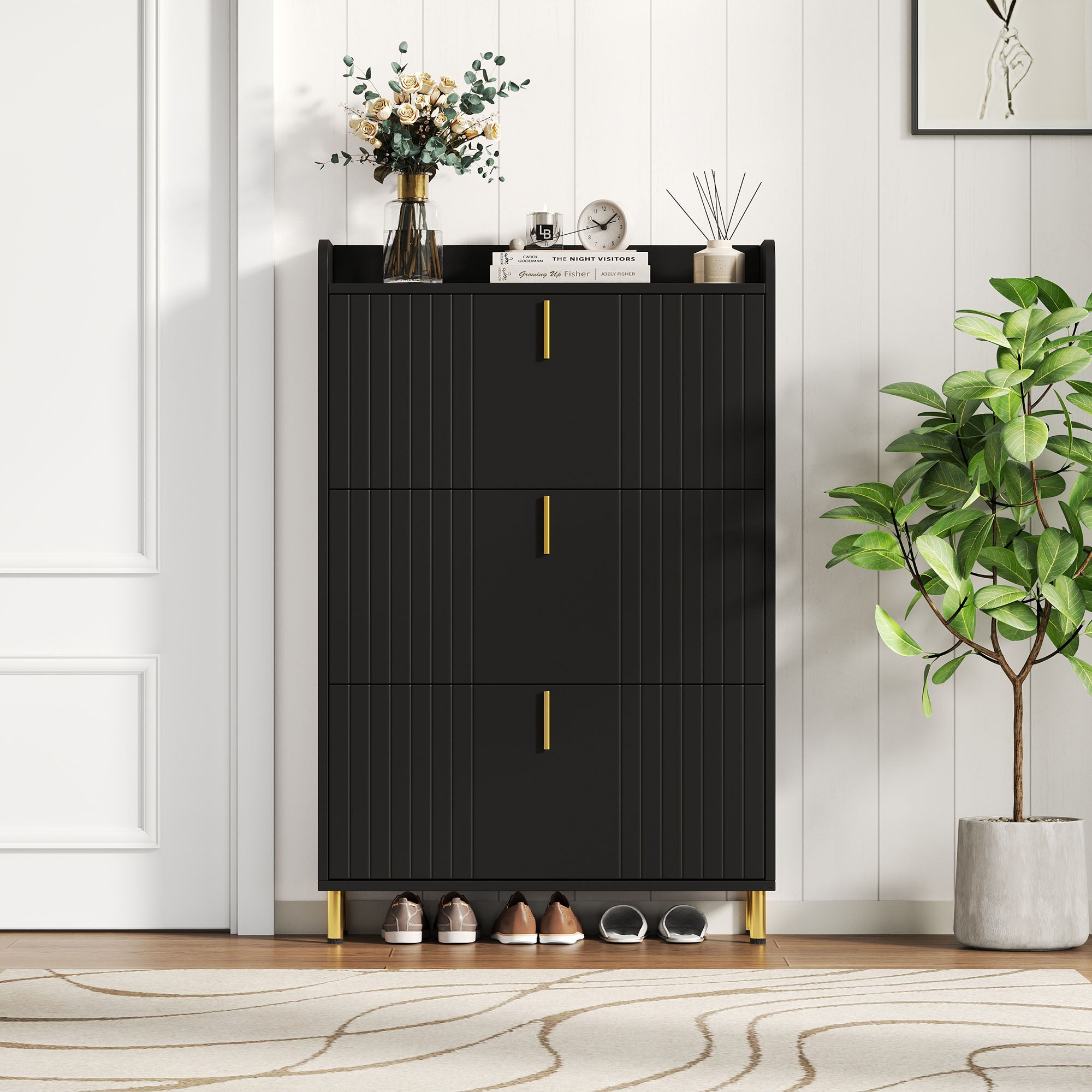 Meuble à chaussures avec 3 portes rabattables et dispositif anti-basculement - 80 x 23,5 x 123,5 cm - MDF - Noir - 3
