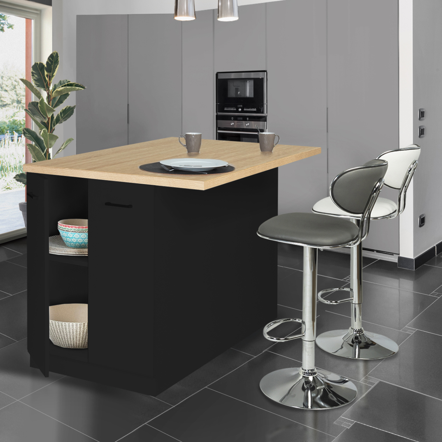 Ilot central IVO 120 cm bois noir avec plan de travail façon hêtre - 3