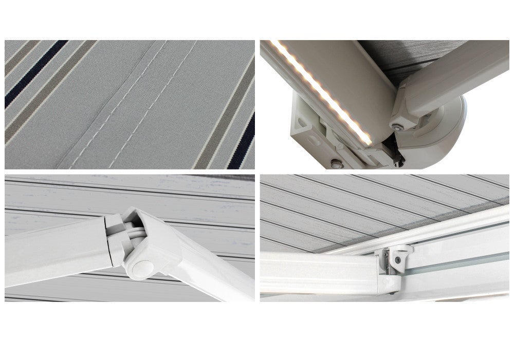 Store banne Coffre intégral PROTECT 2 LED Blanc 4,05x3,50m Motorisé à télécommande + Eclairage LED - Toile Grise Rayée - 5