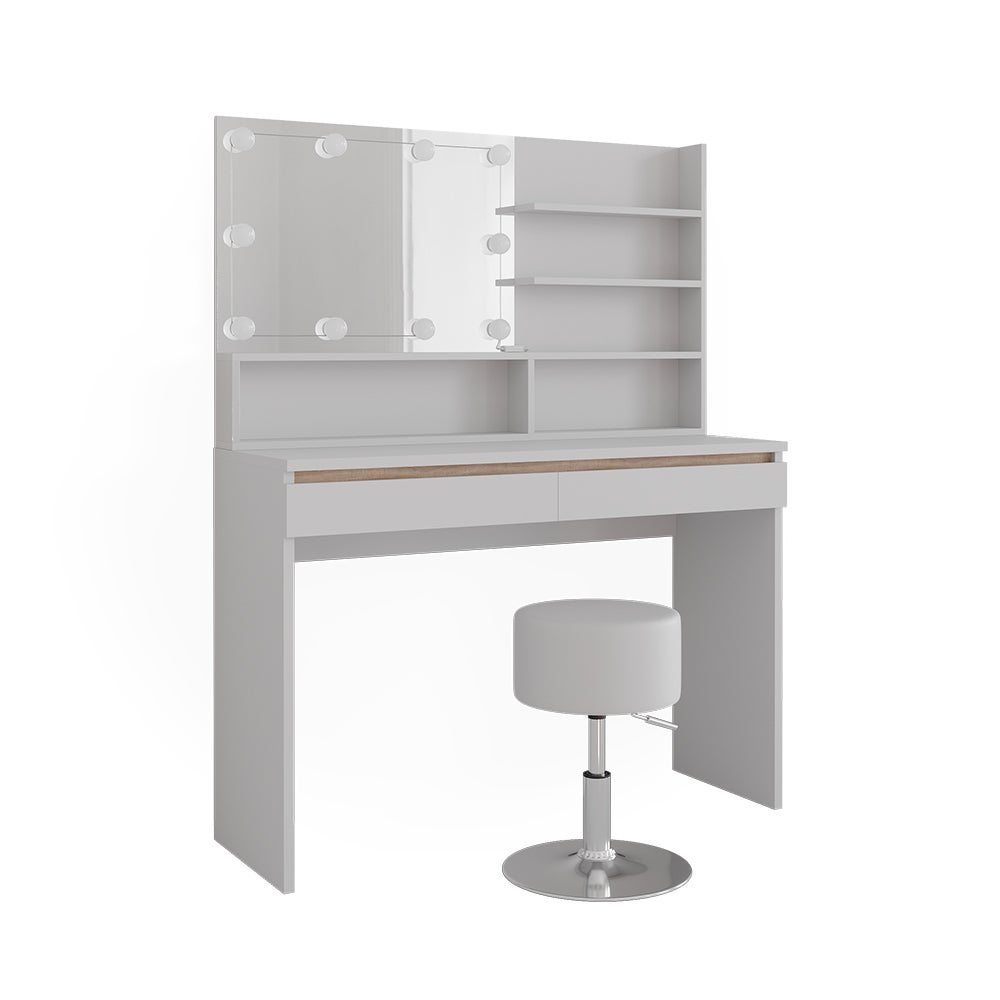Vicco Toaletka Emma, Biały, 120 cm z półką z lustrem, stołkiem i oświetleniem LED